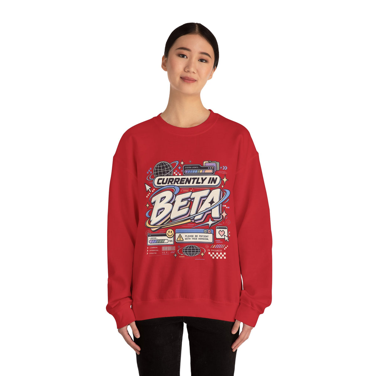 Crewneck Sweatshirt — "Currently in Beta" Retro Tech Graphic