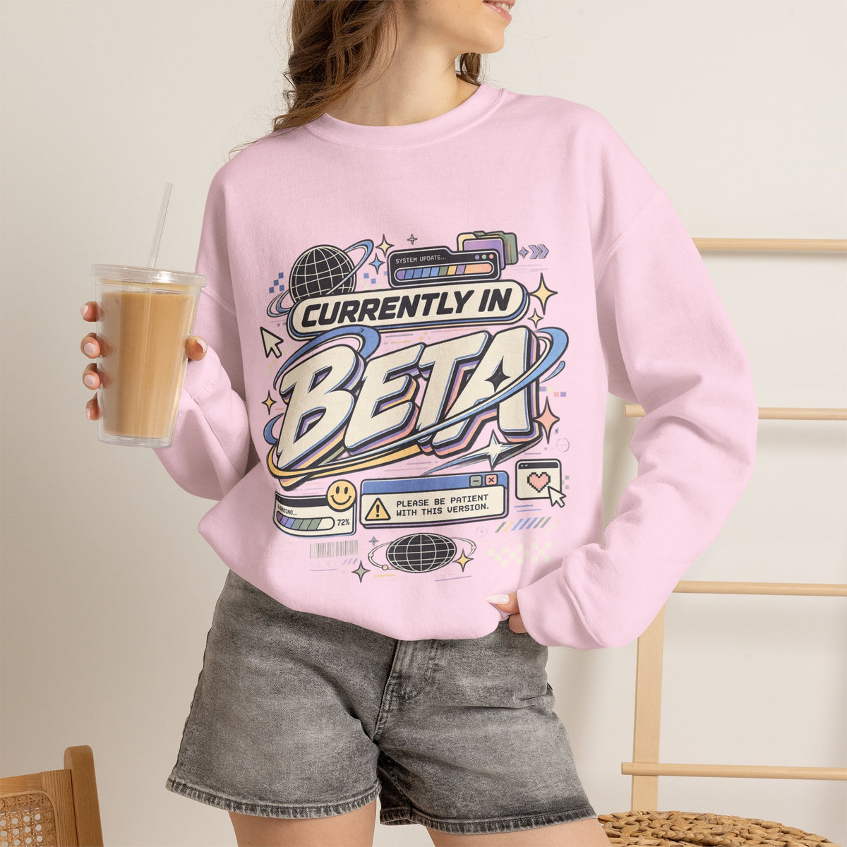 Crewneck Sweatshirt — "Currently in Beta" Retro Tech Graphic