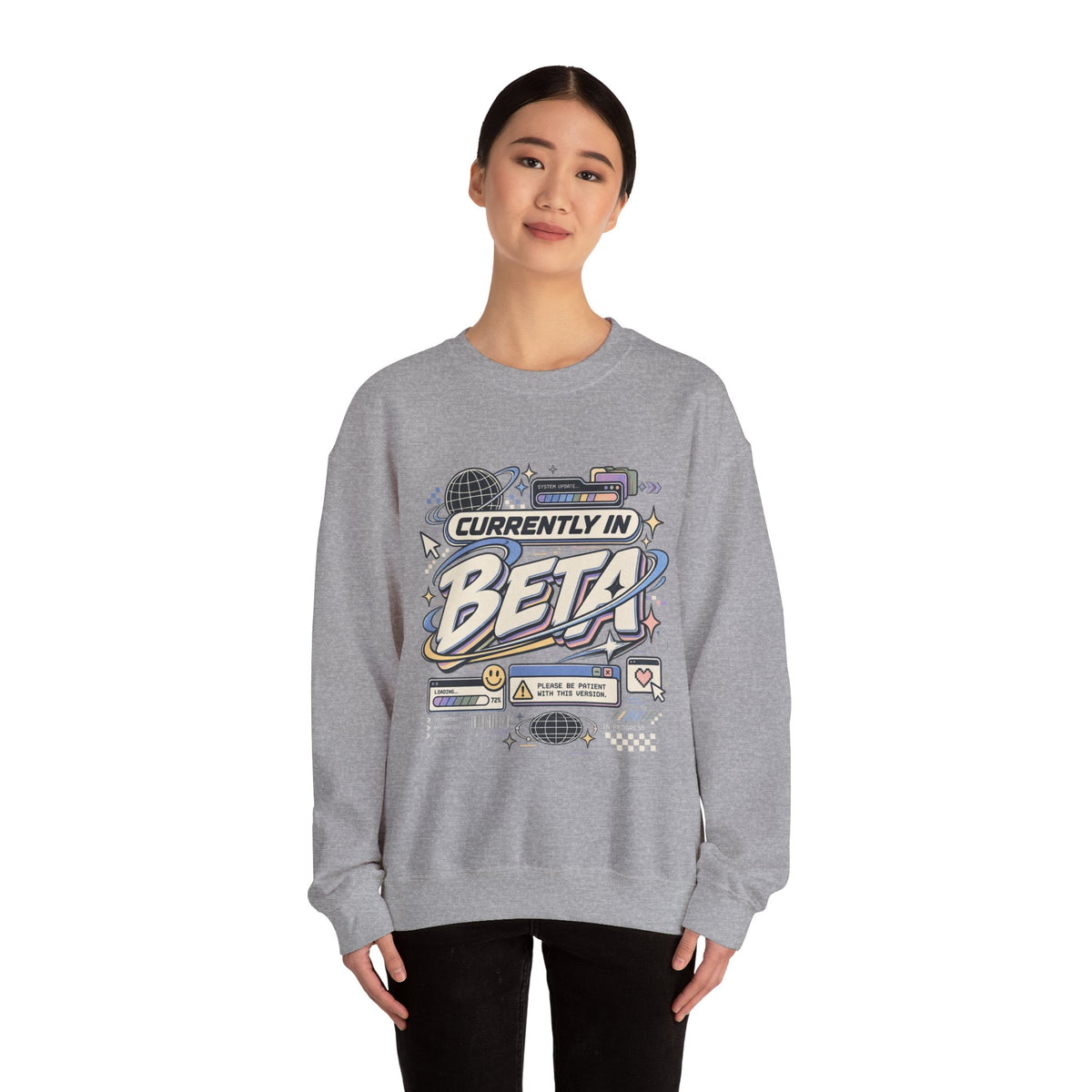 Crewneck Sweatshirt — "Currently in Beta" Retro Tech Graphic