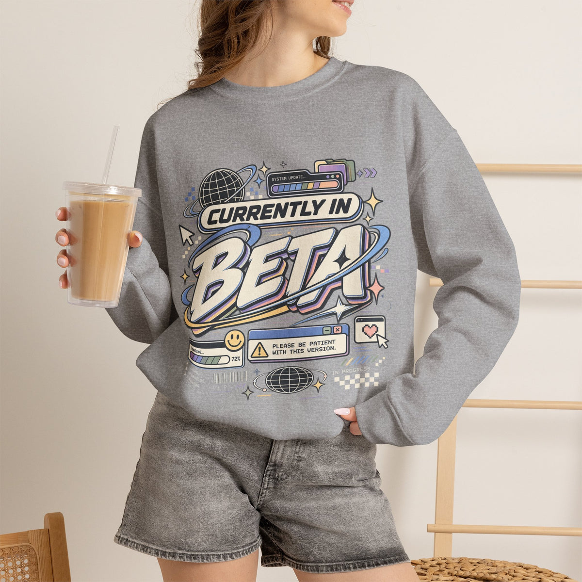 Crewneck Sweatshirt — "Currently in Beta" Retro Tech Graphic