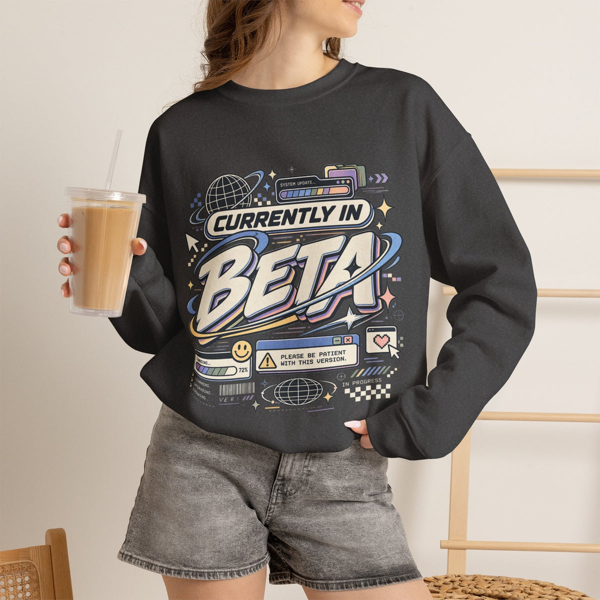 Crewneck Sweatshirt — "Currently in Beta" Retro Tech Graphic