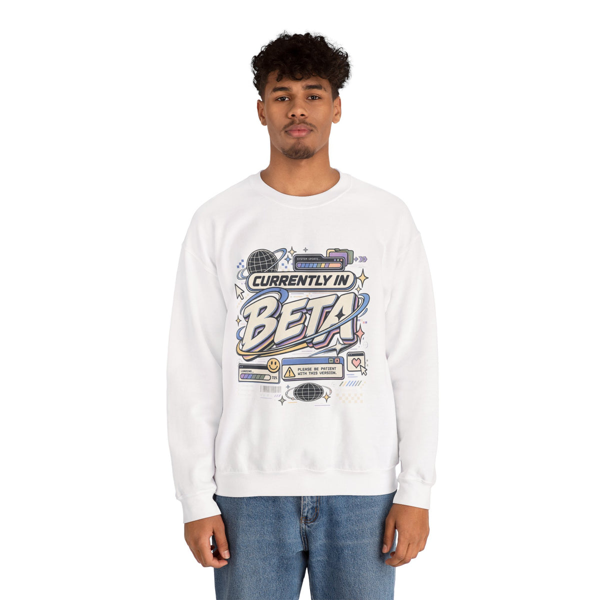Crewneck Sweatshirt — "Currently in Beta" Retro Tech Graphic