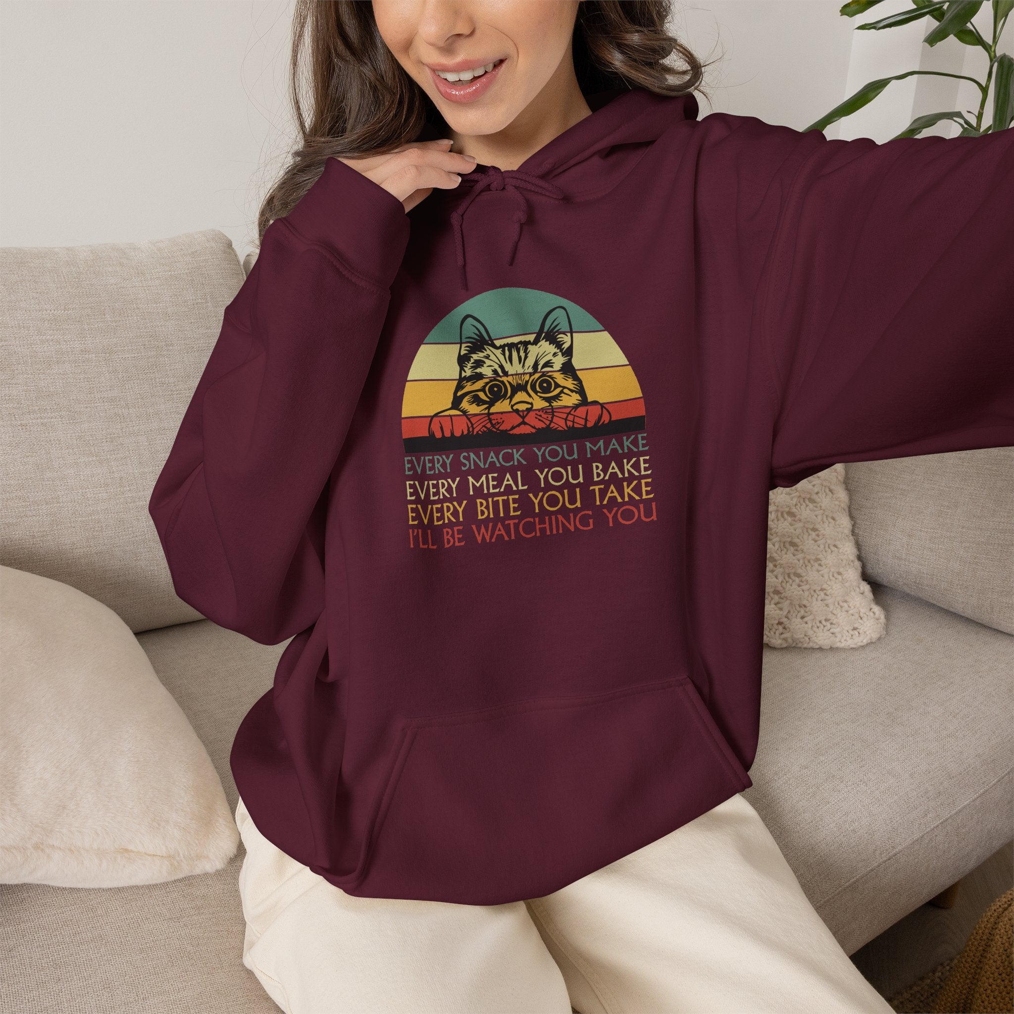 Cat Watch Retro Hoodie – “Every Snack You Make” Funny Cat Lover Sweatshirt