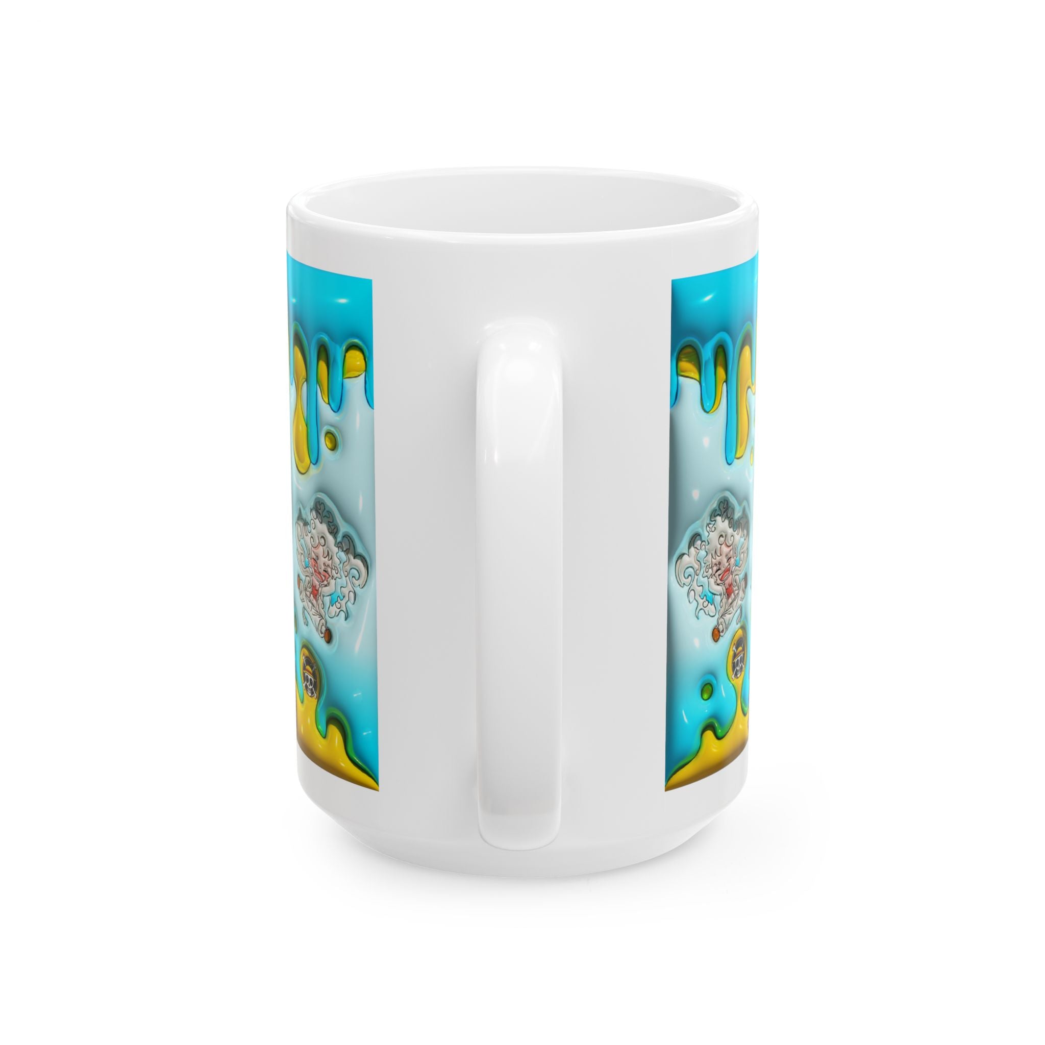 Colorful Drip Art Ceramic Mug — Vibrant Blue & Yellow Cartoon Design (11oz, 15oz)