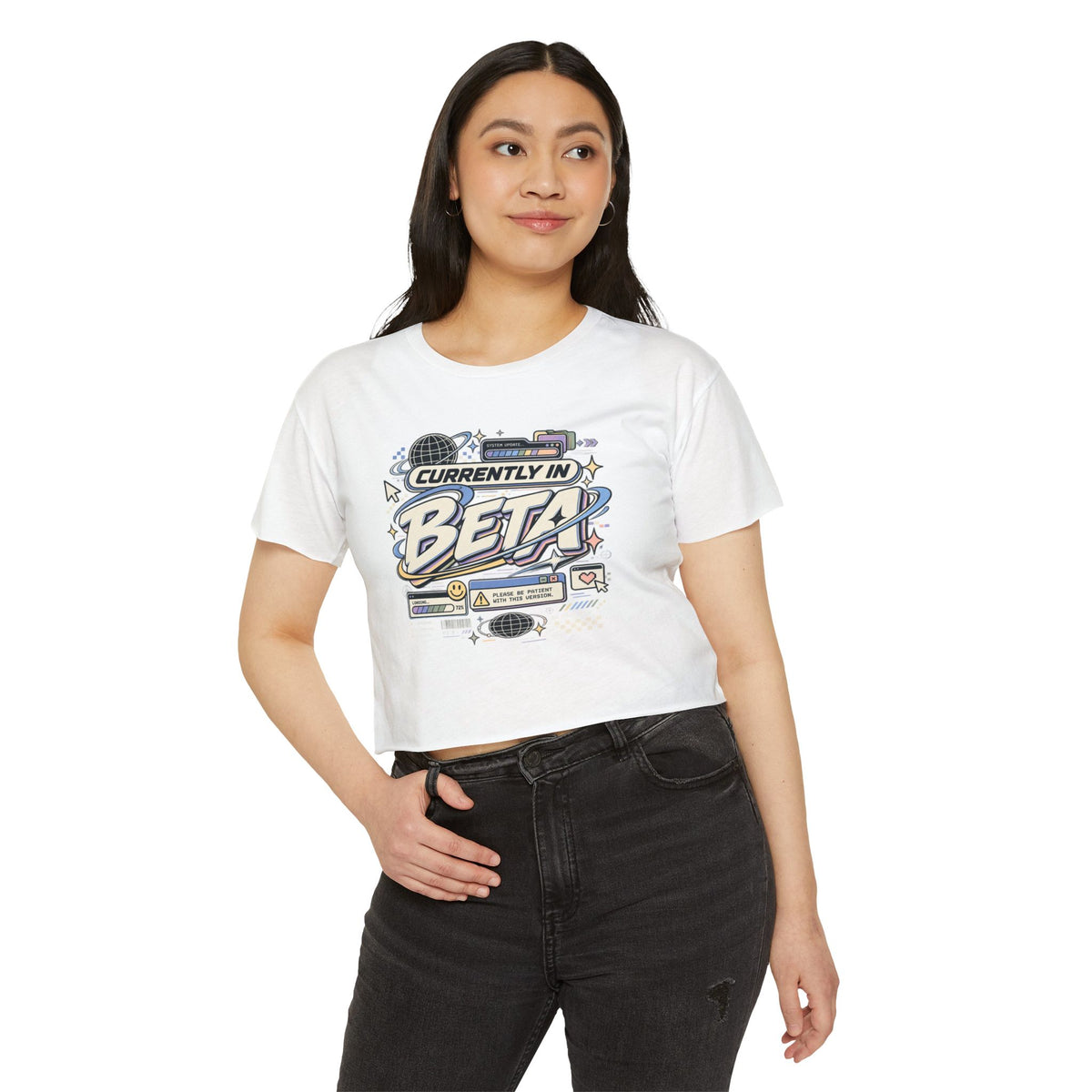 Currently in Beta Crop Top — Women's Festival Graphic Tee