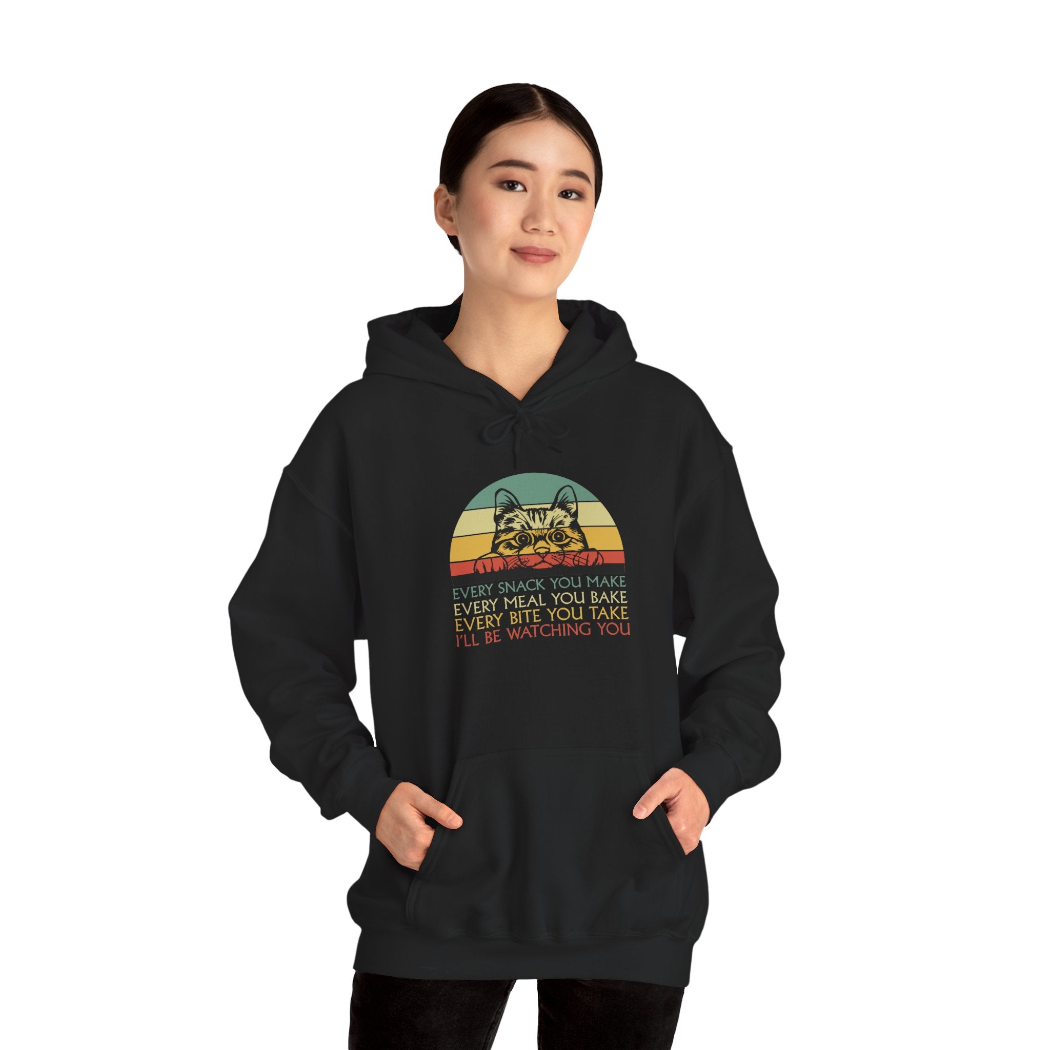 Cat Watch Retro Hoodie – “Every Snack You Make” Funny Cat Lover Sweatshirt