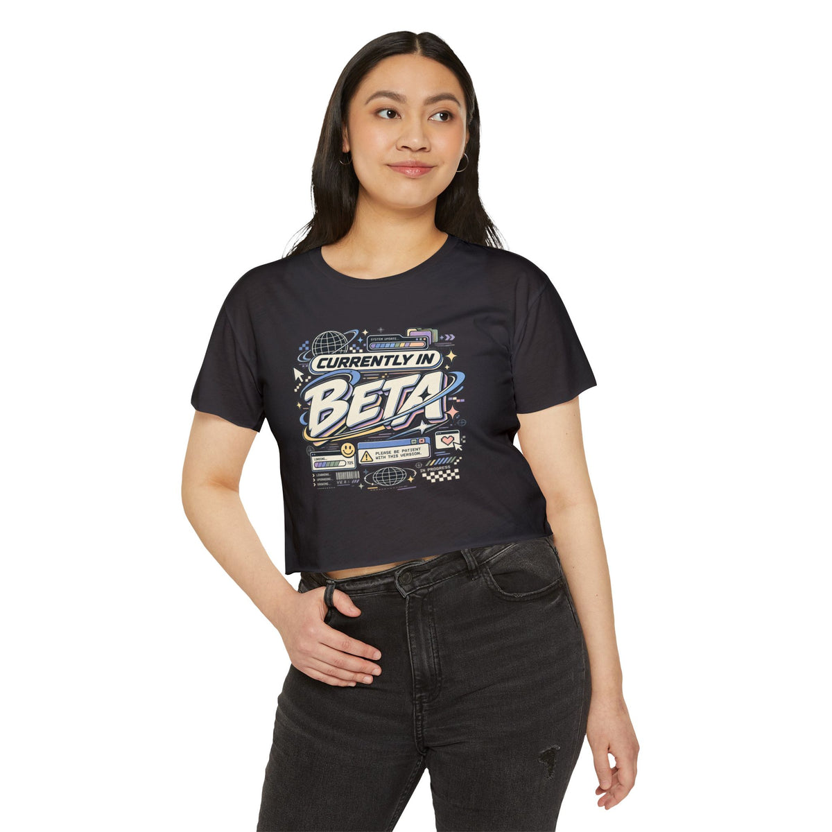 Currently in Beta Crop Top — Women's Festival Graphic Tee