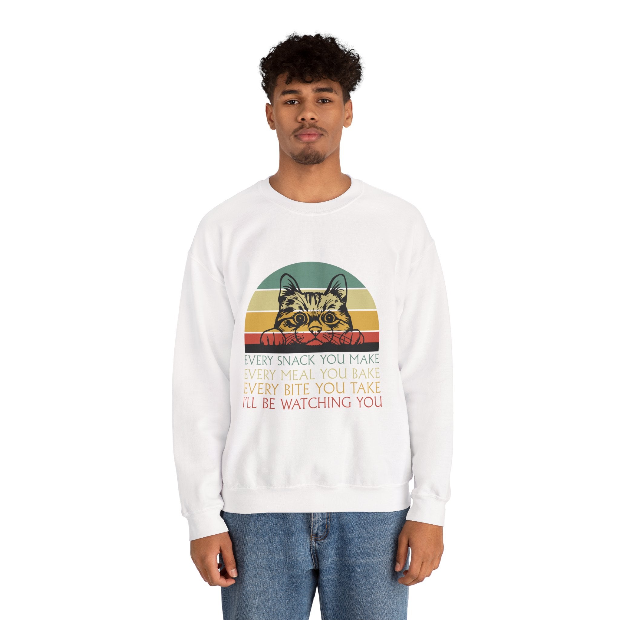 Cat Watching You Sweatshirt - Retro Stripes "Every Snack You Make... I'll Be Watching You" Crewneck