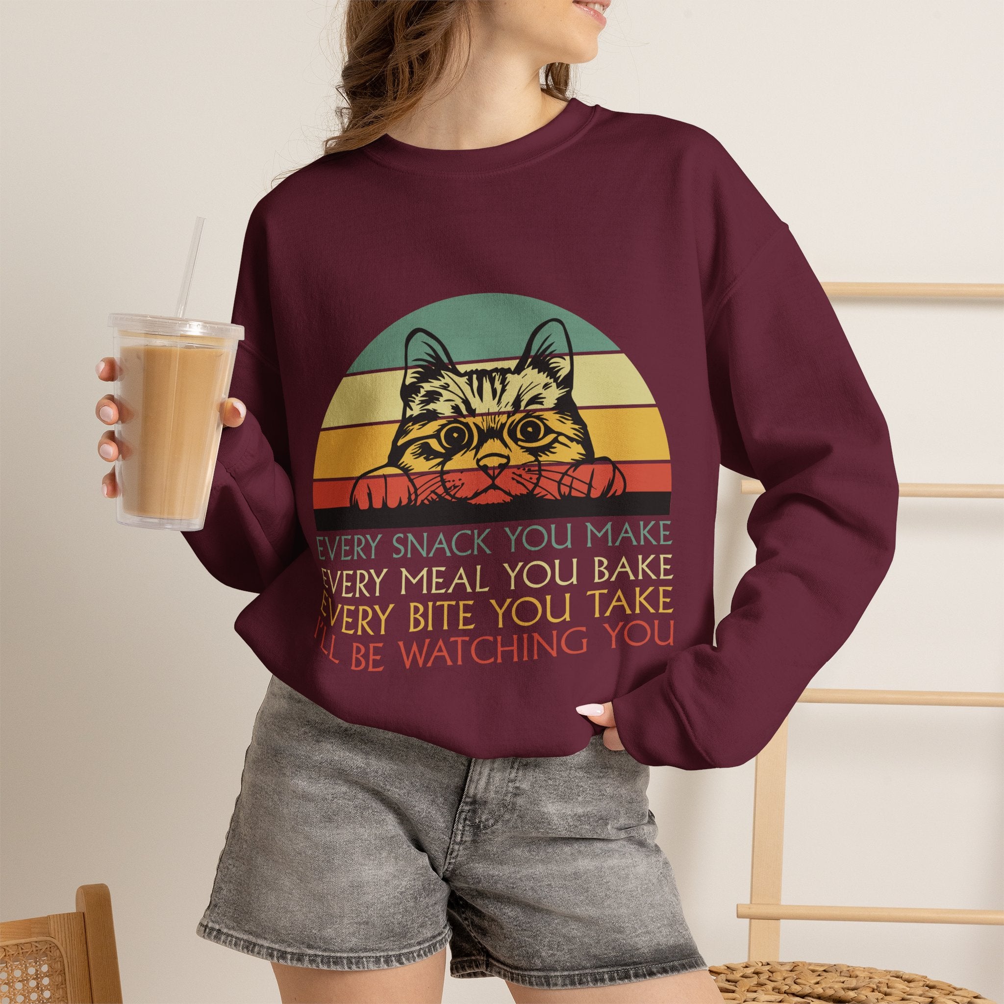 Cat Watching You Sweatshirt - Retro Stripes "Every Snack You Make... I'll Be Watching You" Crewneck