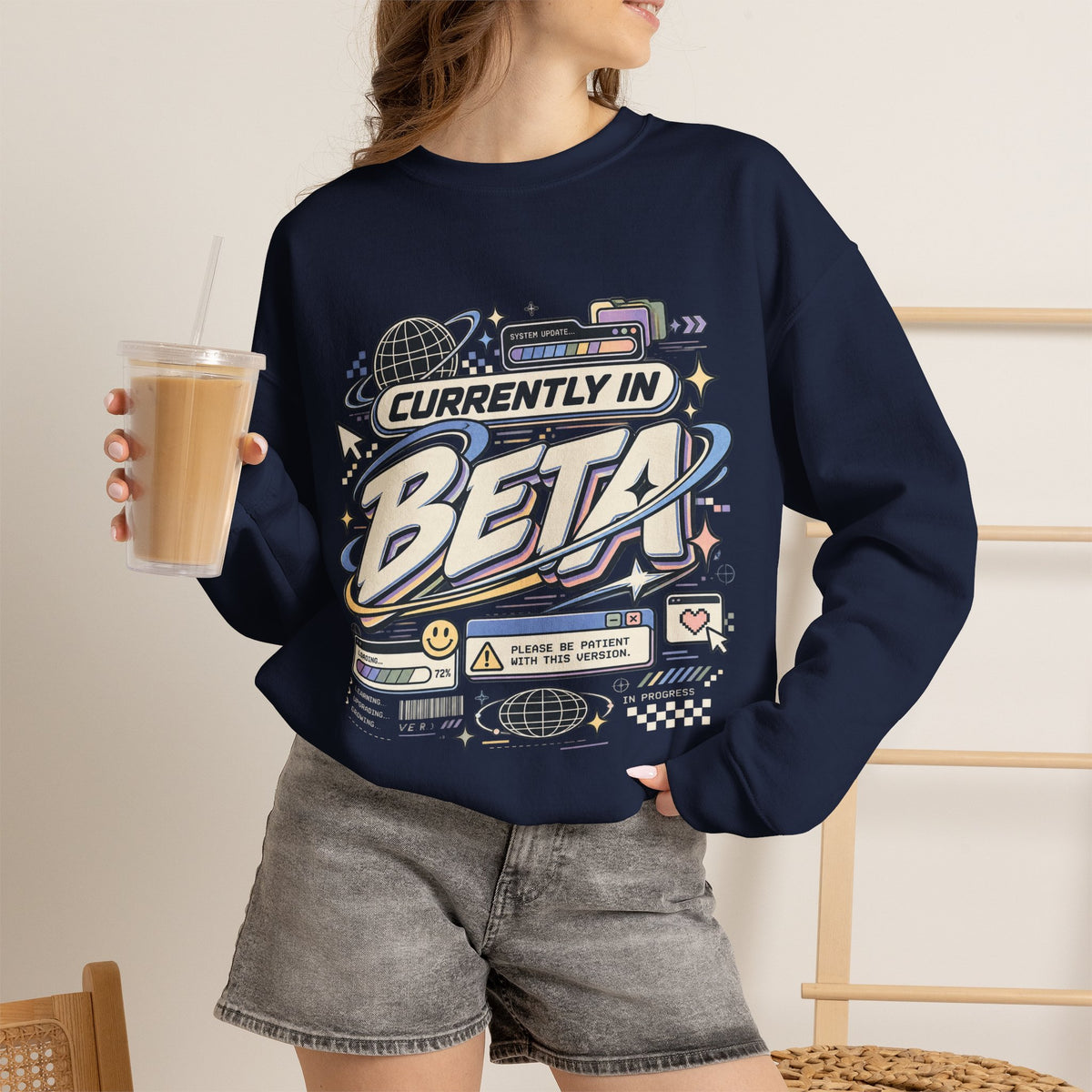 Crewneck Sweatshirt — "Currently in Beta" Retro Tech Graphic