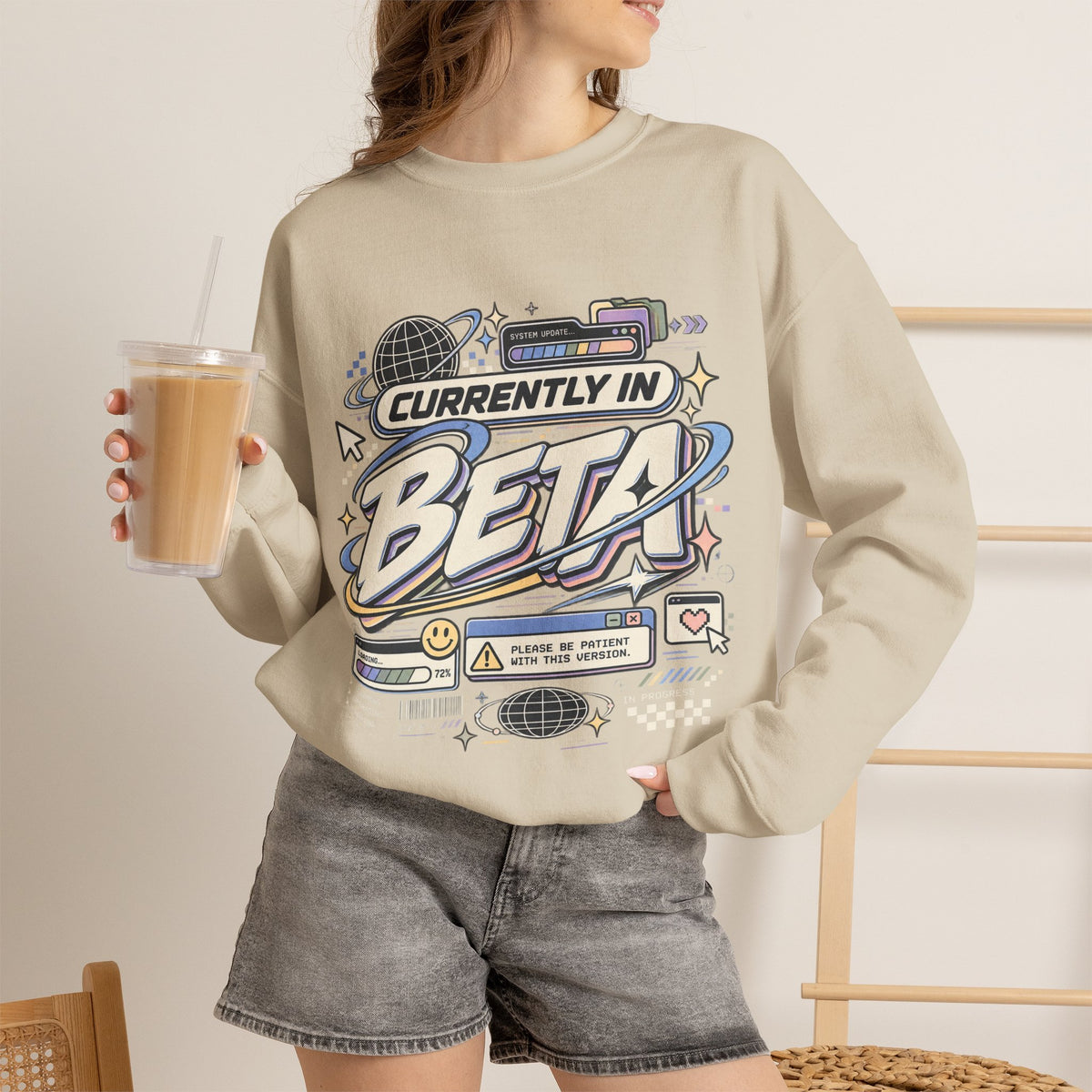 Crewneck Sweatshirt — "Currently in Beta" Retro Tech Graphic