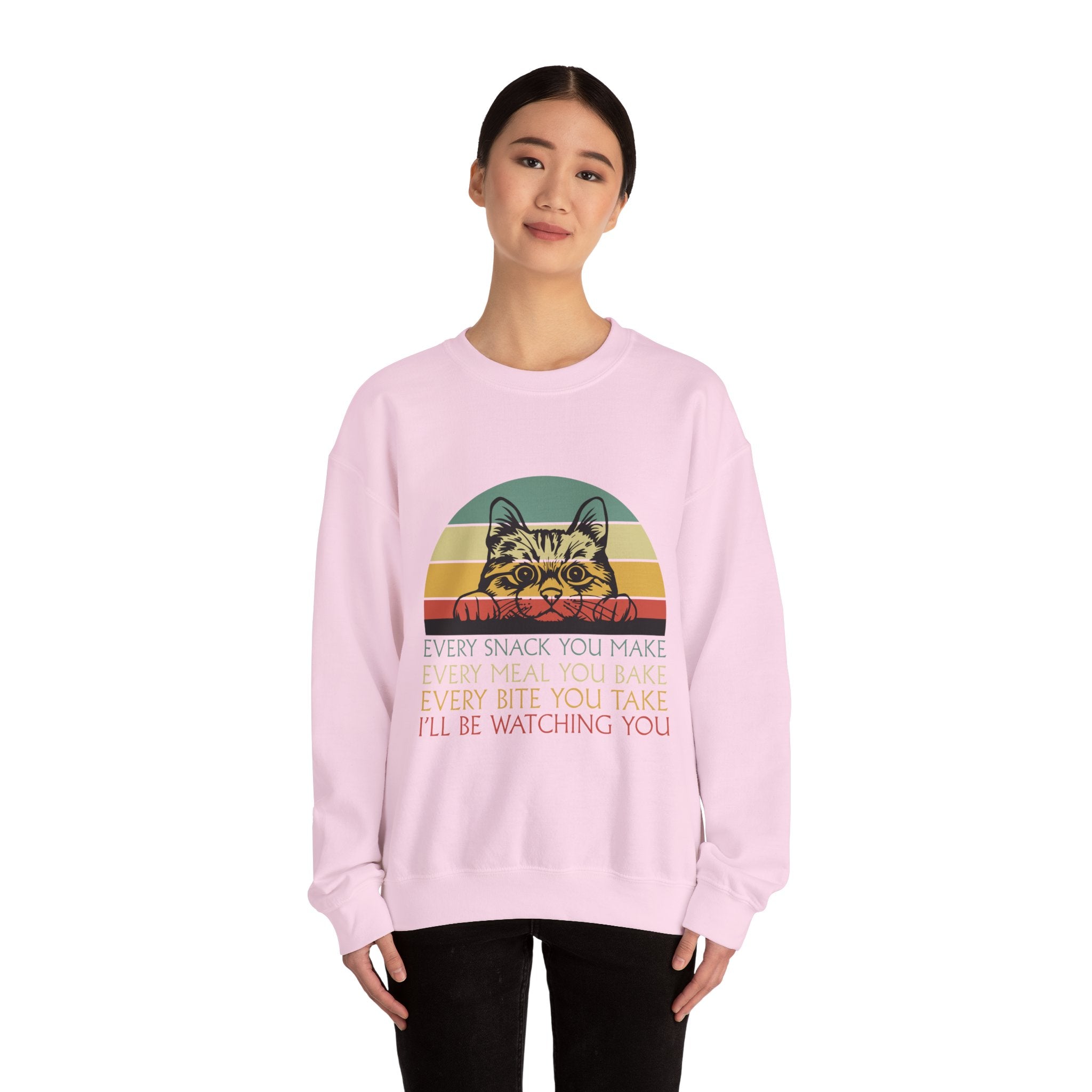 Cat Watching You Sweatshirt - Retro Stripes "Every Snack You Make... I'll Be Watching You" Crewneck
