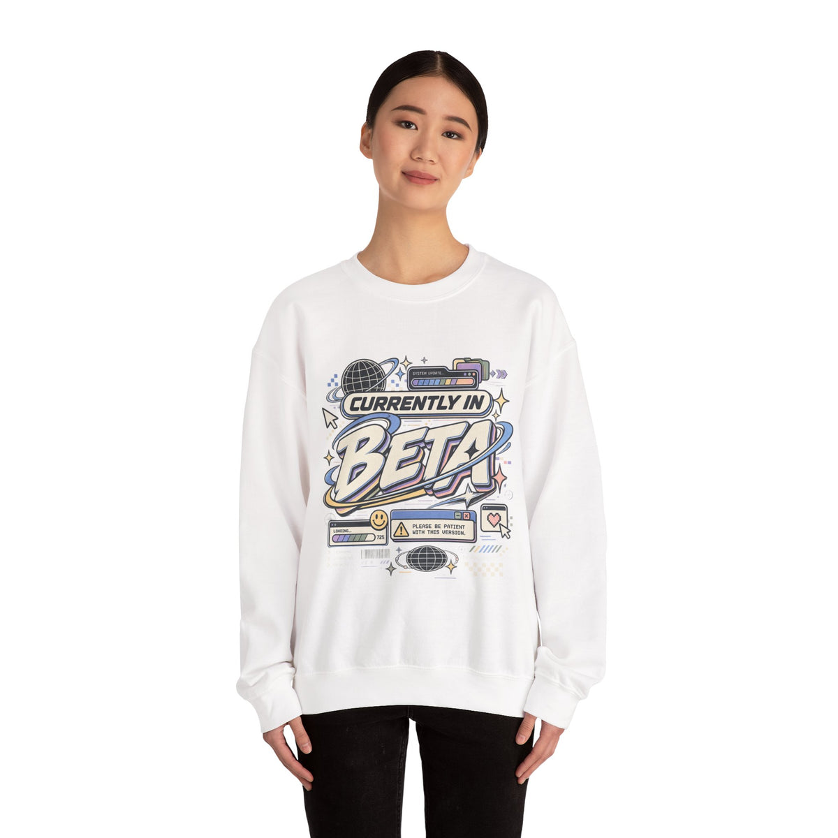 Crewneck Sweatshirt — "Currently in Beta" Retro Tech Graphic