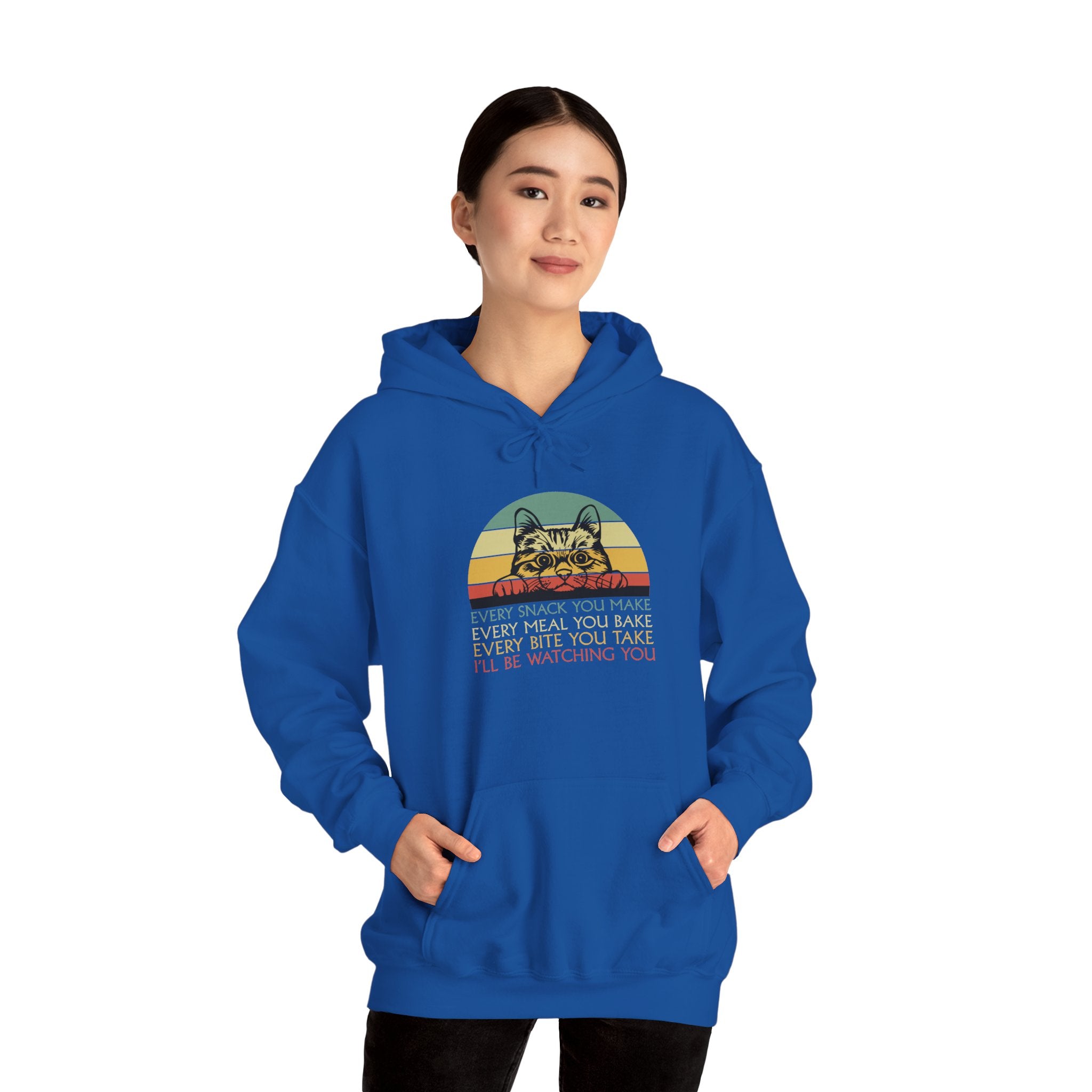 Cat Watch Retro Hoodie – “Every Snack You Make” Funny Cat Lover Sweatshirt