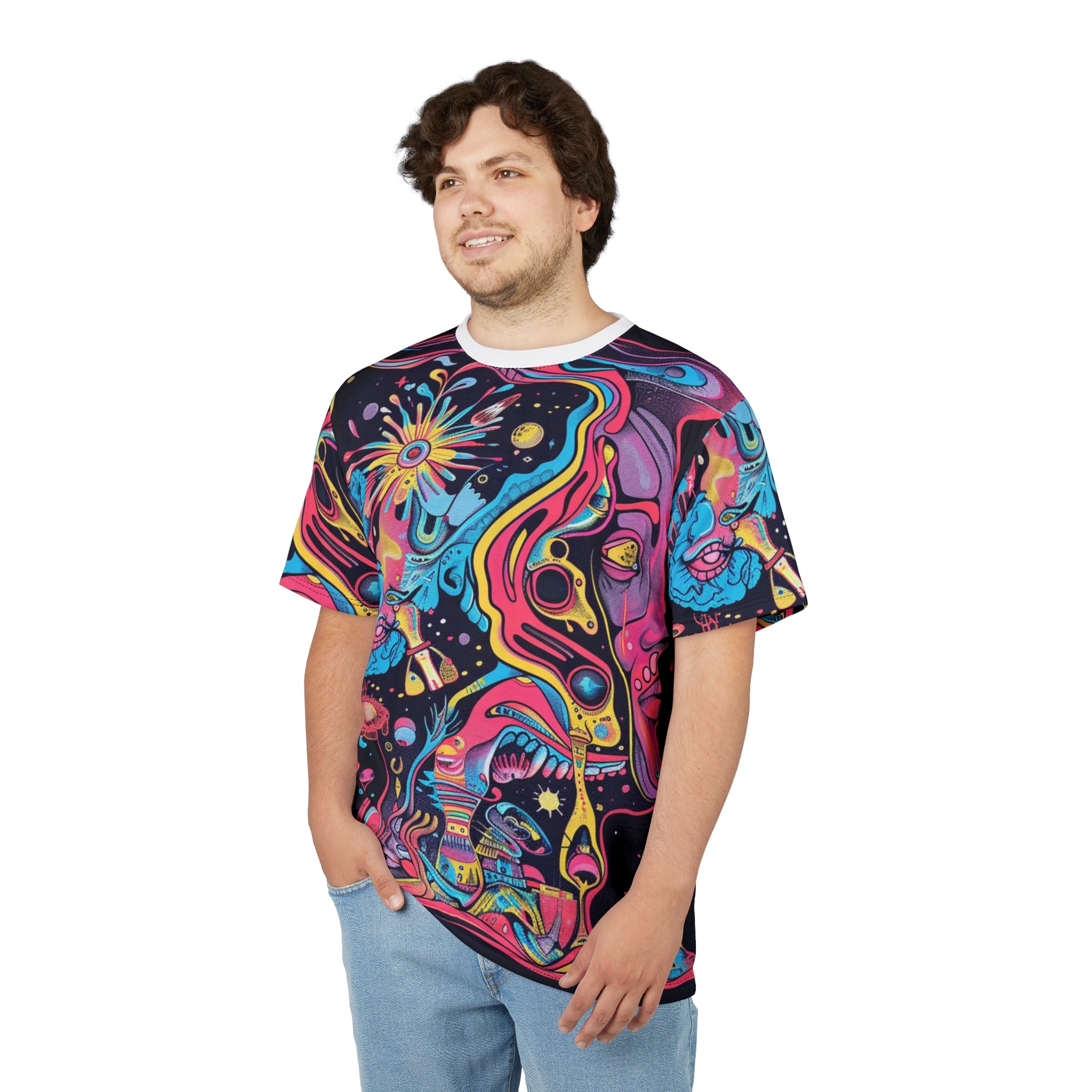 Psychedelic Space Art Tee — Vibrant Cosmic All-Over Print Shirt