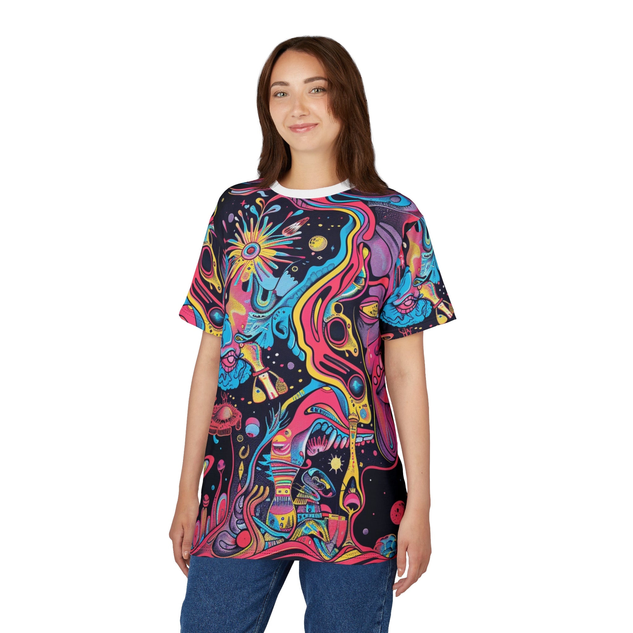 Psychedelic Space Art Tee — Vibrant Cosmic All-Over Print Shirt