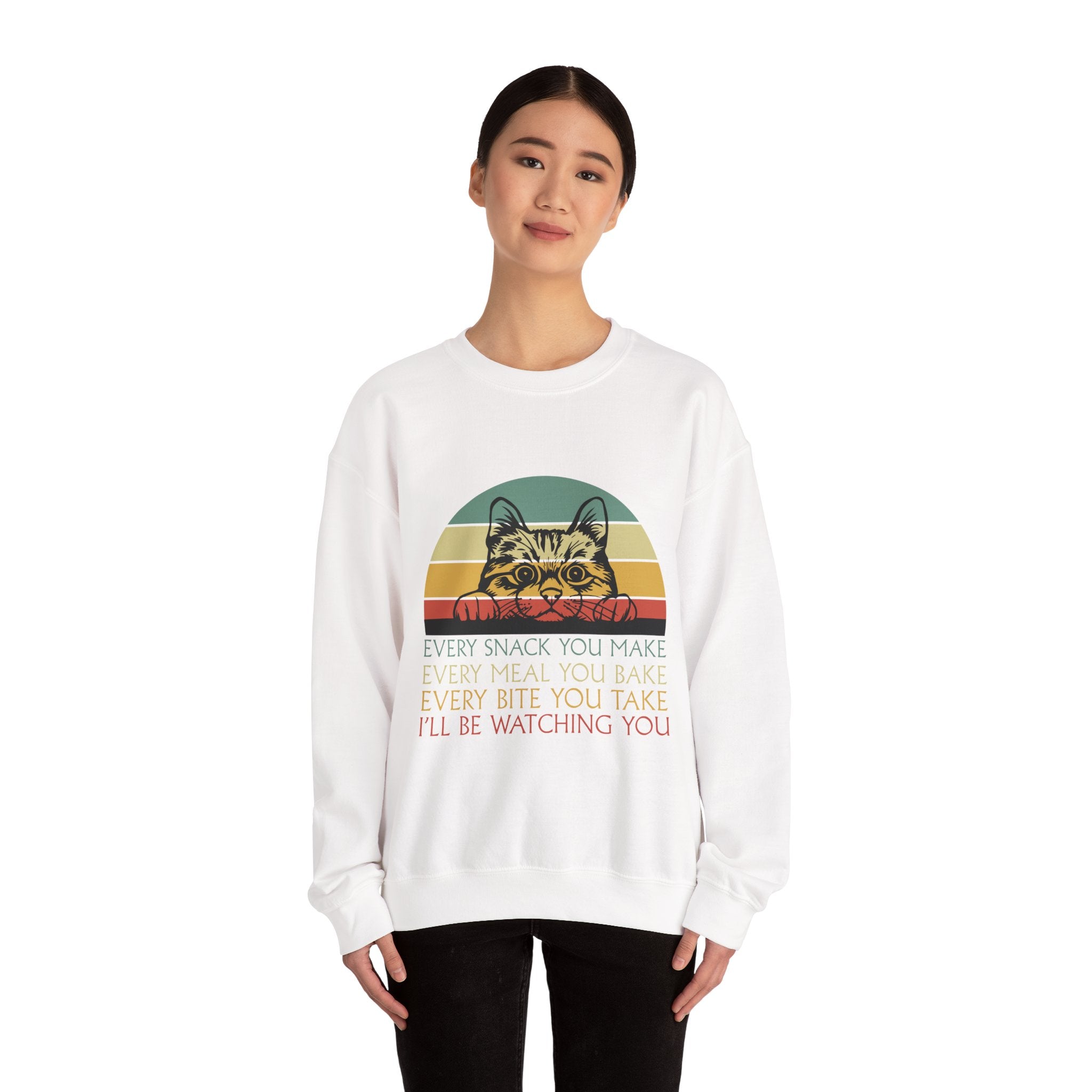 Cat Watching You Sweatshirt - Retro Stripes "Every Snack You Make... I'll Be Watching You" Crewneck