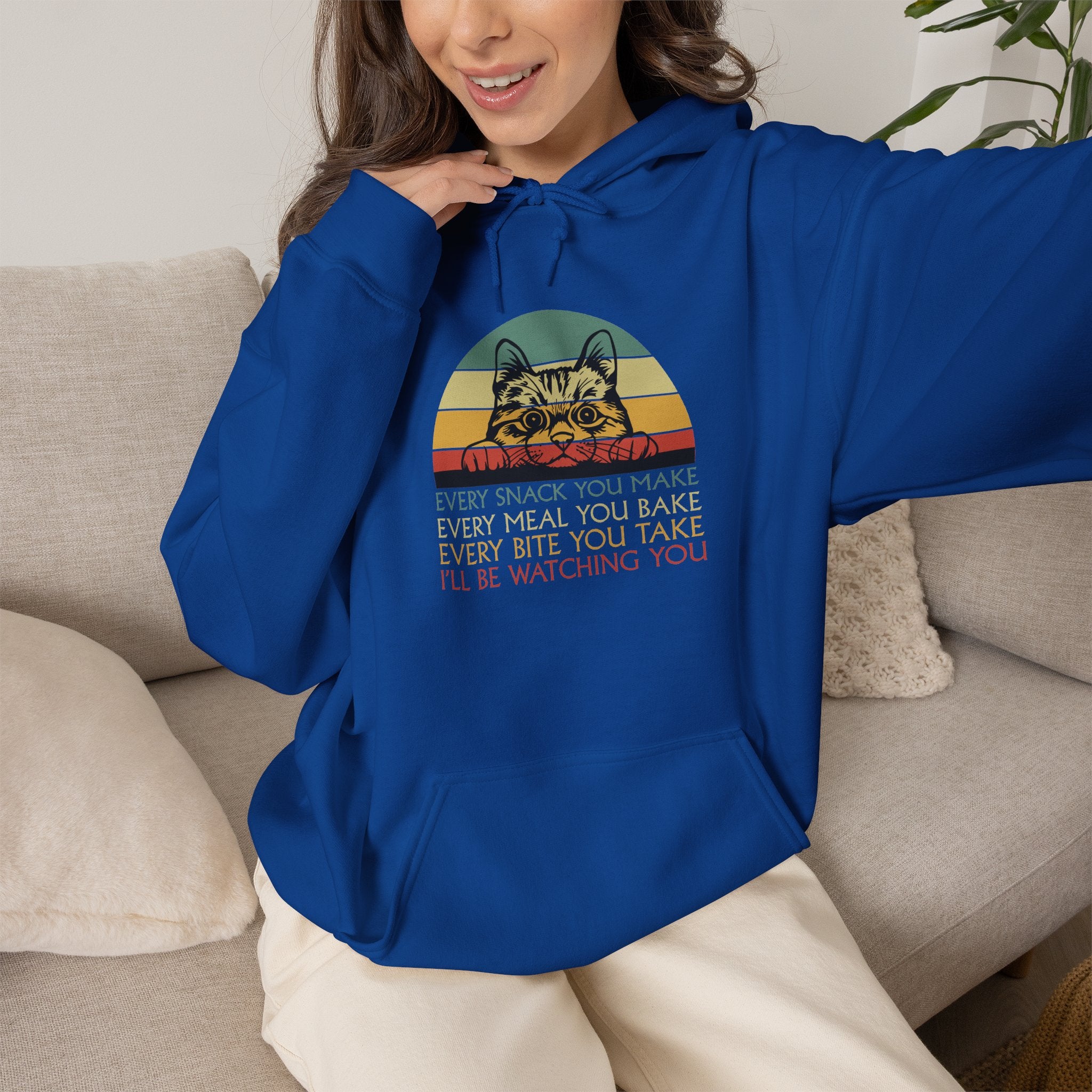 Cat Watch Retro Hoodie – “Every Snack You Make” Funny Cat Lover Sweatshirt