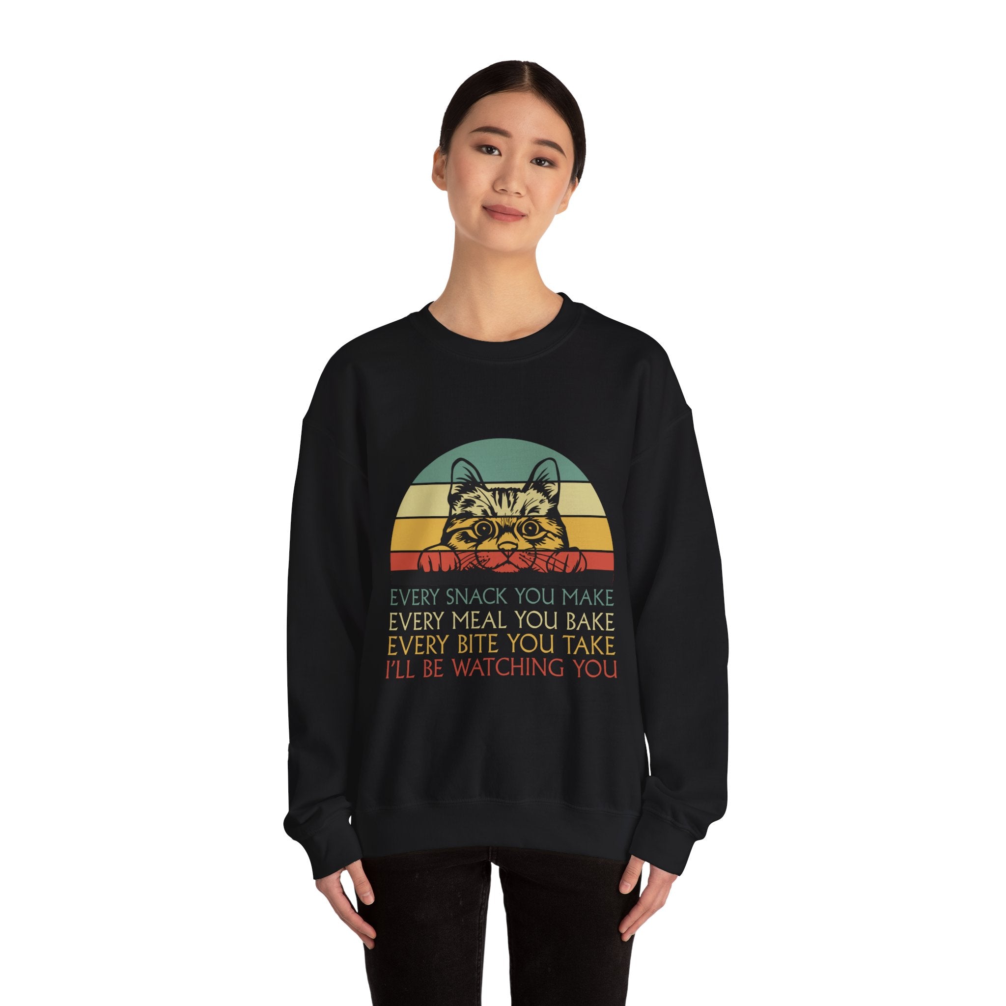 Cat Watching You Sweatshirt - Retro Stripes "Every Snack You Make... I'll Be Watching You" Crewneck