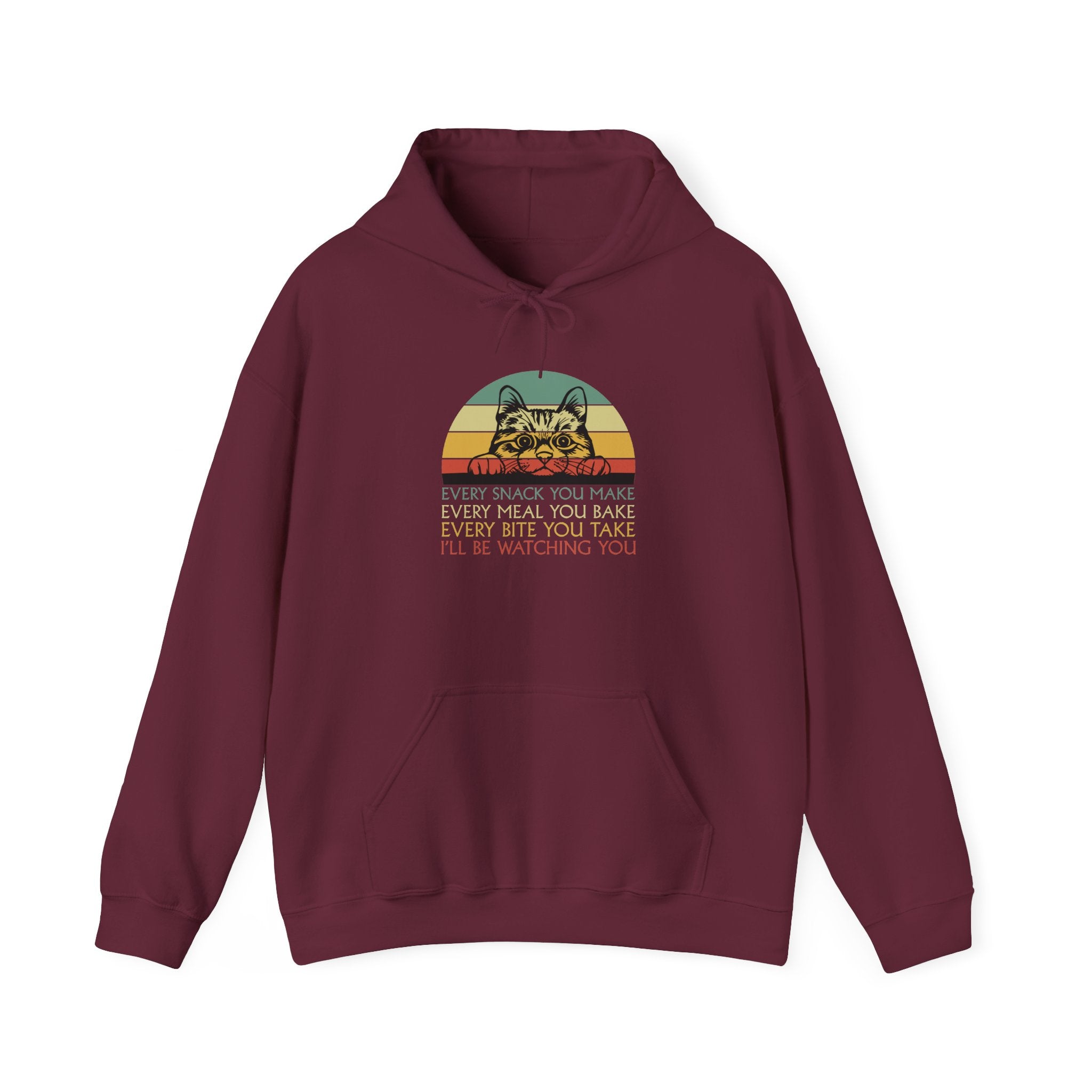 Cat Watch Retro Hoodie – “Every Snack You Make” Funny Cat Lover Sweatshirt