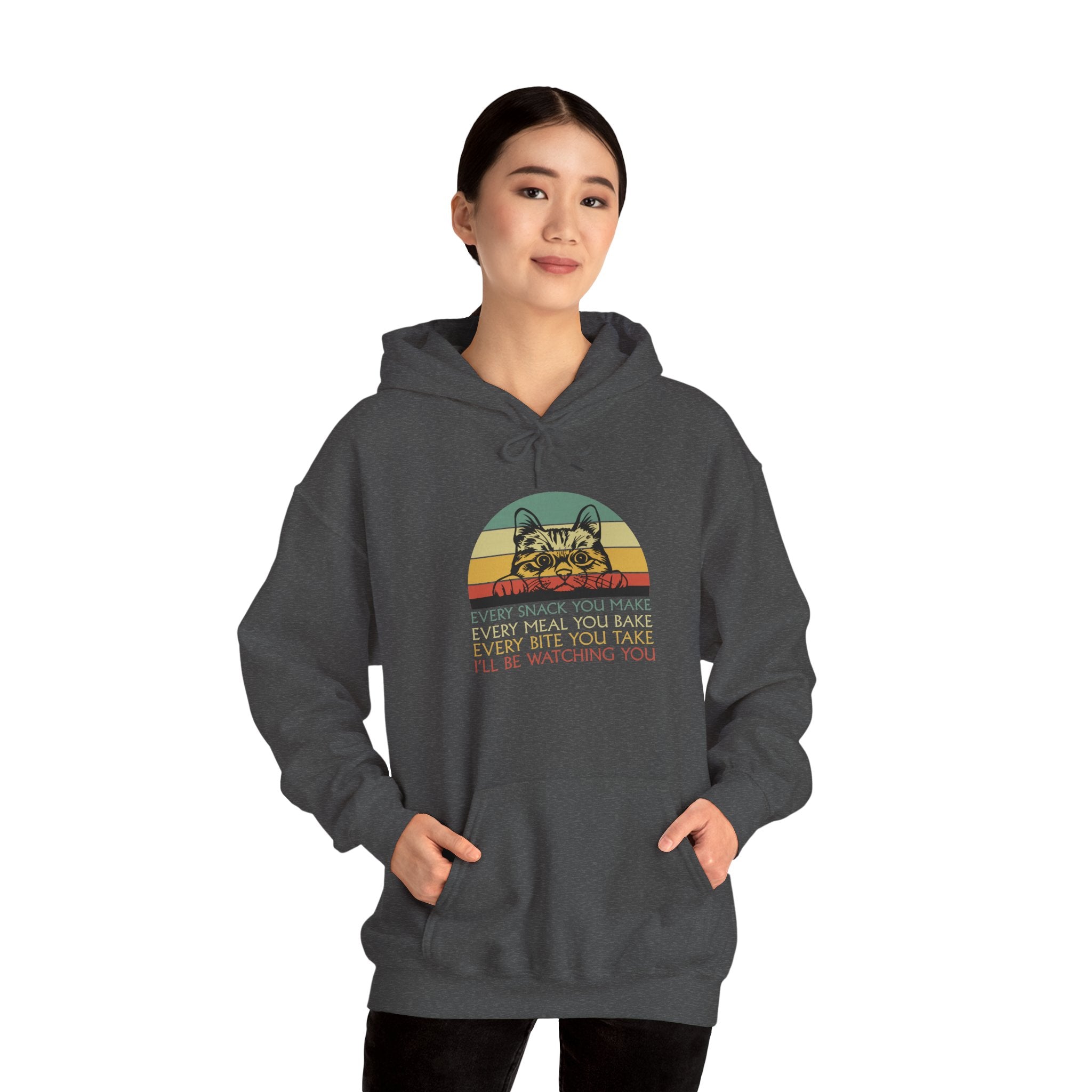 Cat Watch Retro Hoodie – “Every Snack You Make” Funny Cat Lover Sweatshirt