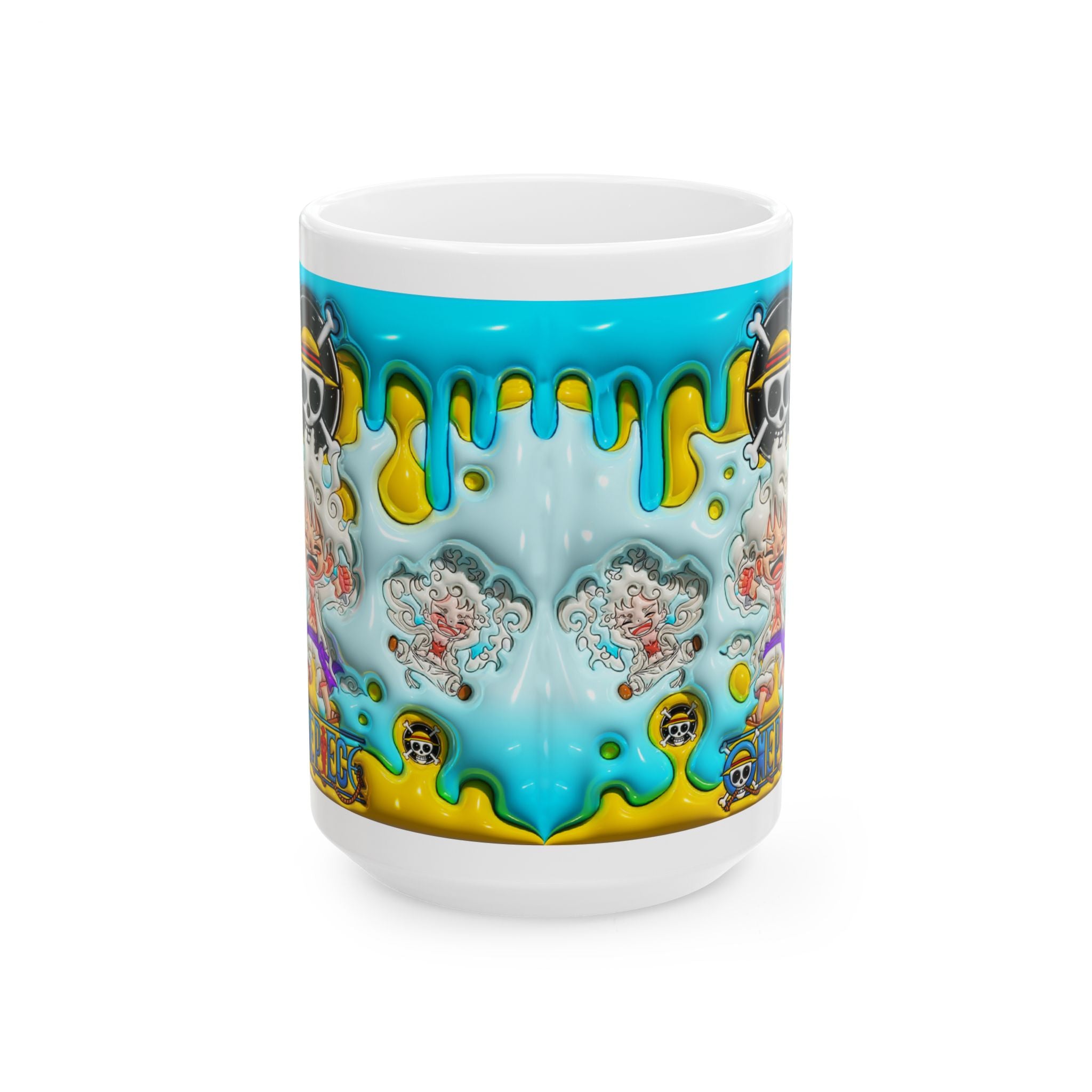 Colorful Drip Art Ceramic Mug — Vibrant Blue & Yellow Cartoon Design (11oz, 15oz)