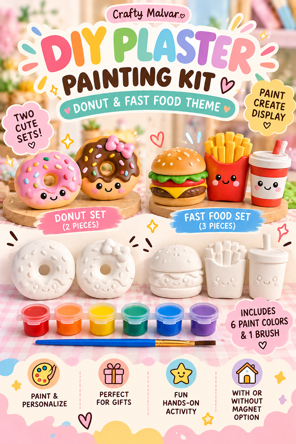 DIY Plaster Painting Kit – Donut & Fast Food Figurines | Craft Kit with Paints