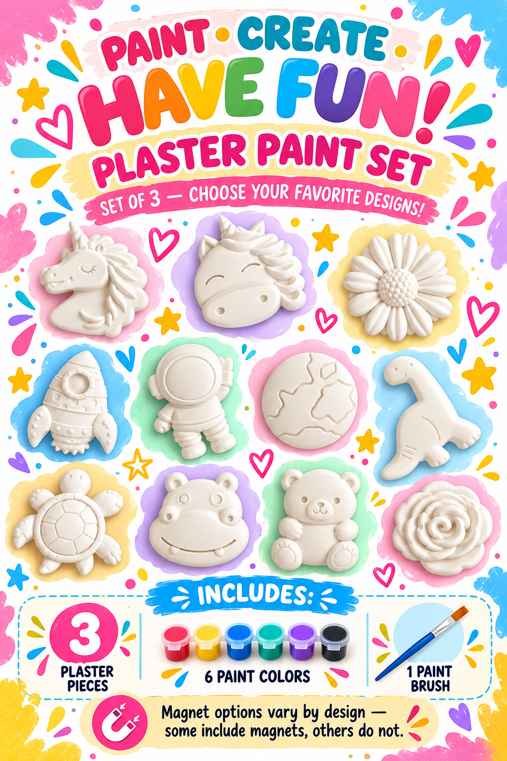 Set of 3 Plaster Paint & Create Kit | Paint Your Own Plaster Craft Set for All Ages