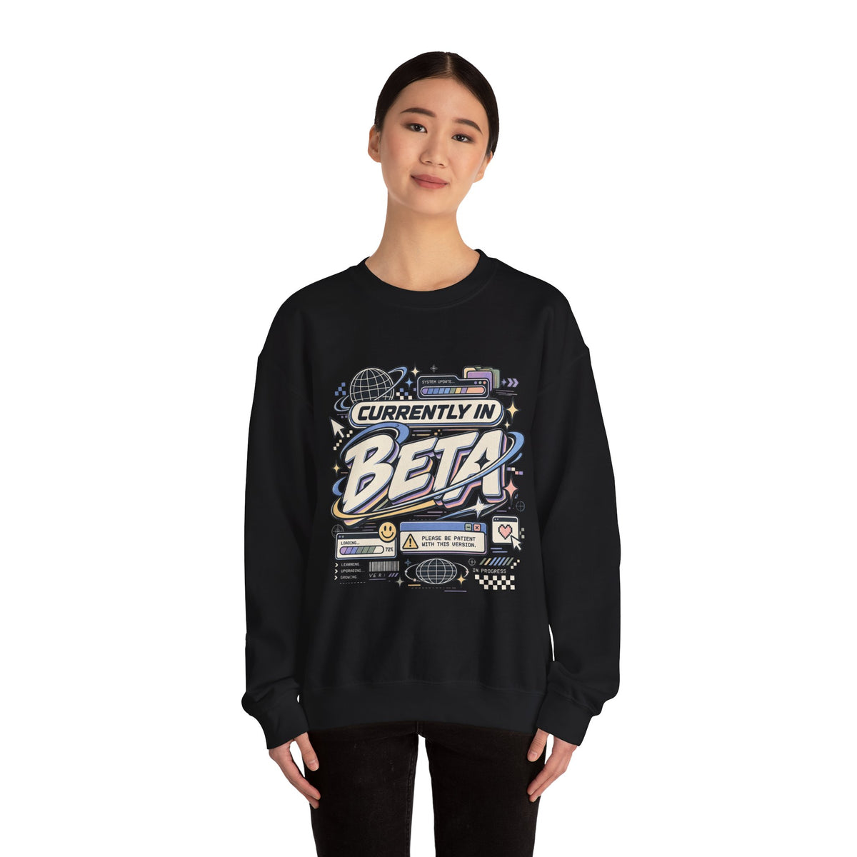 Crewneck Sweatshirt — "Currently in Beta" Retro Tech Graphic