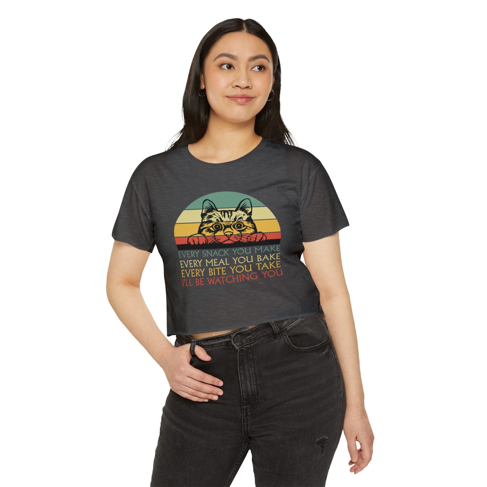 Cat Sneak Vintage Tee — “Every Snack You Make…” Retro Cat Graphic Crop Top