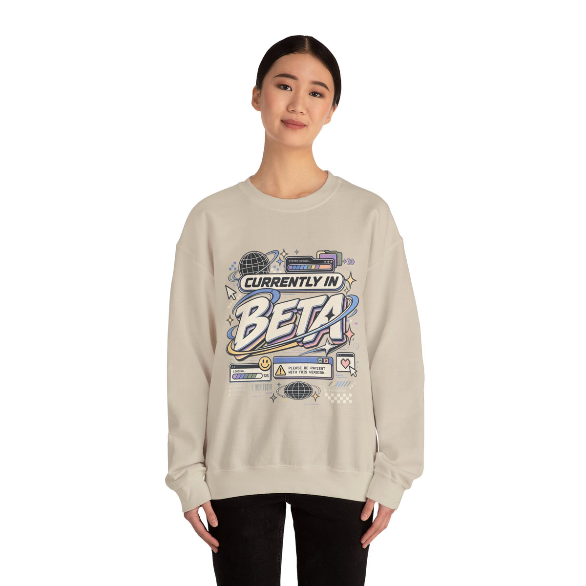 Crewneck Sweatshirt — "Currently in Beta" Retro Tech Graphic