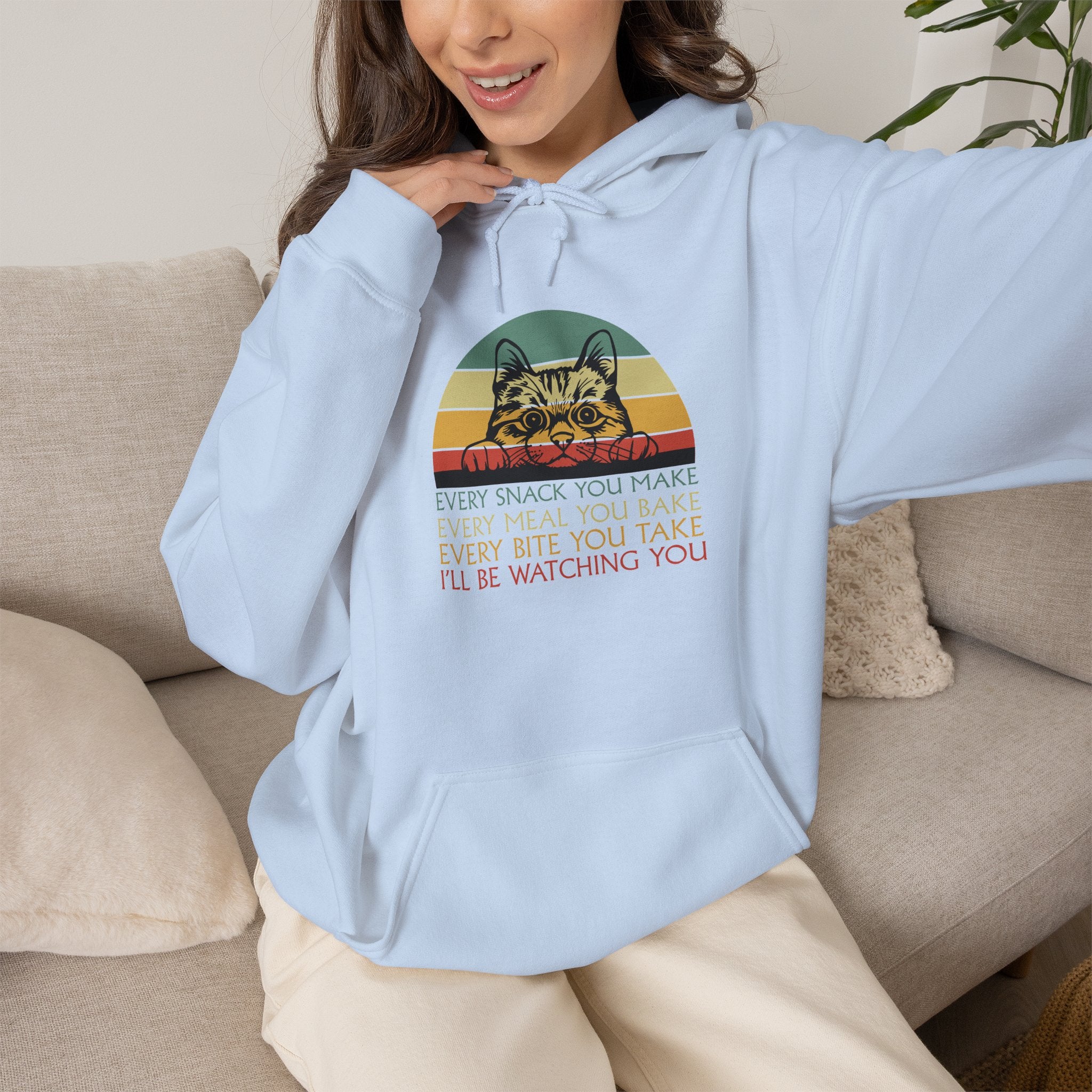 Cat Watch Retro Hoodie – “Every Snack You Make” Funny Cat Lover Sweatshirt