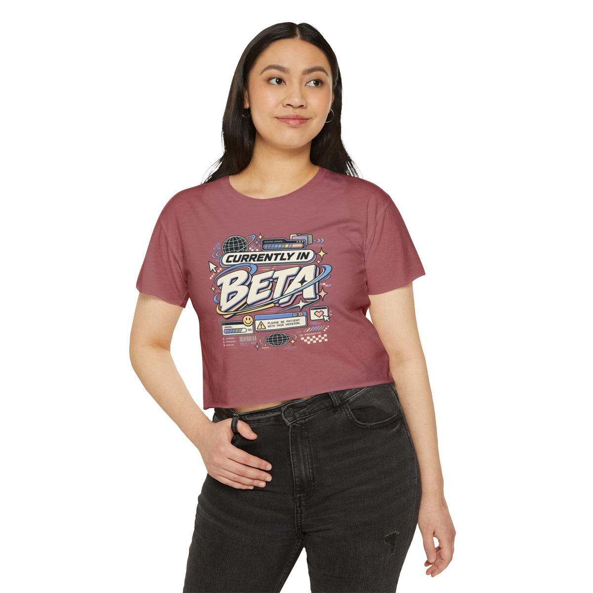 Currently in Beta Crop Top — Women's Festival Graphic Tee