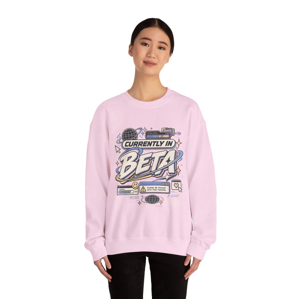 Crewneck Sweatshirt — "Currently in Beta" Retro Tech Graphic
