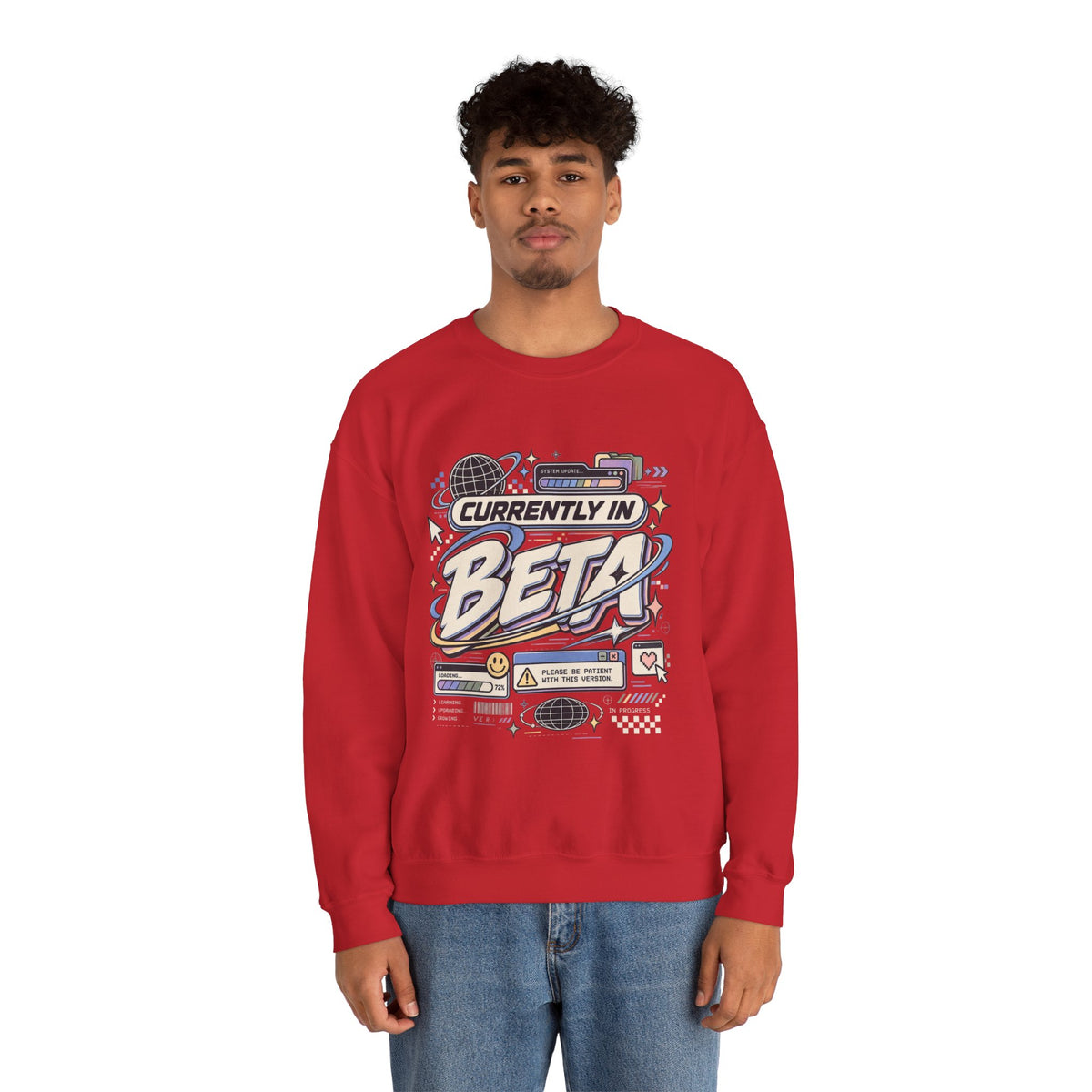 Crewneck Sweatshirt — "Currently in Beta" Retro Tech Graphic