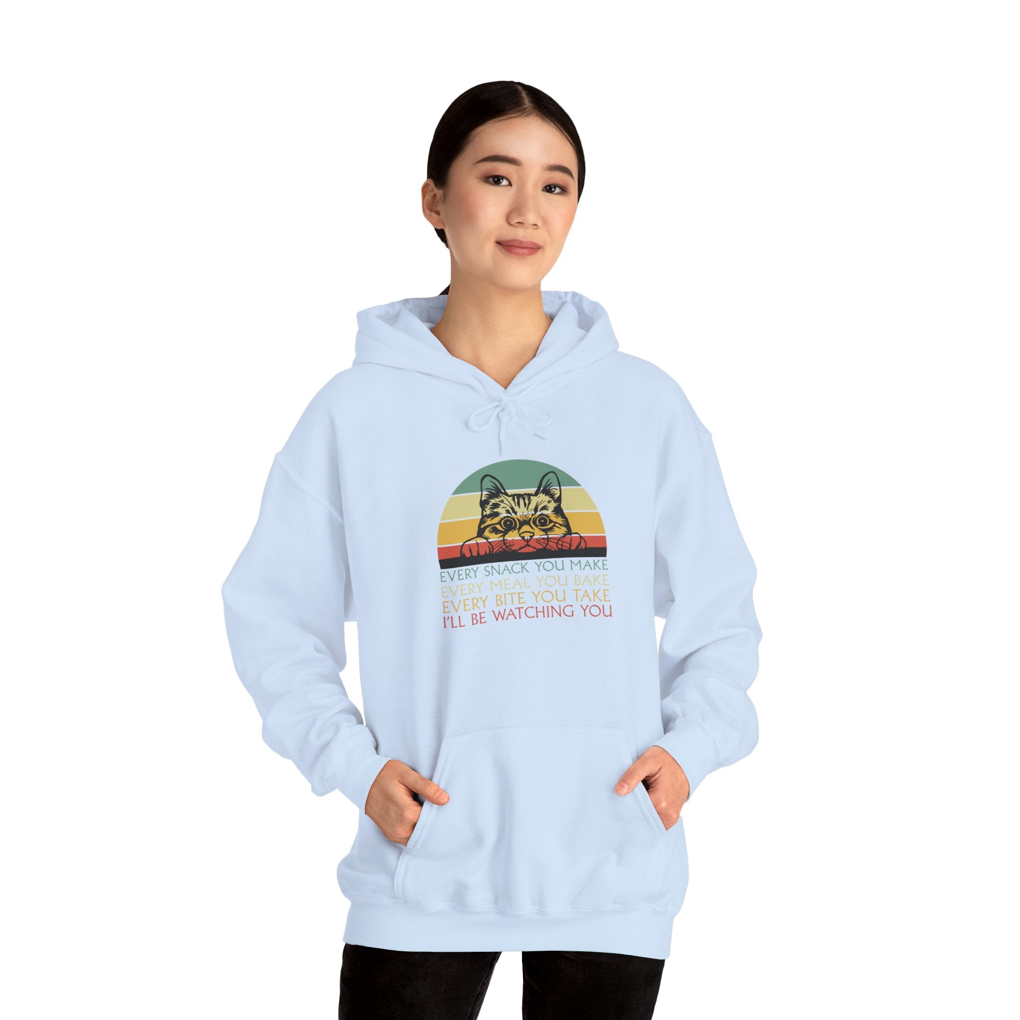 Cat Watch Retro Hoodie – “Every Snack You Make” Funny Cat Lover Sweatshirt