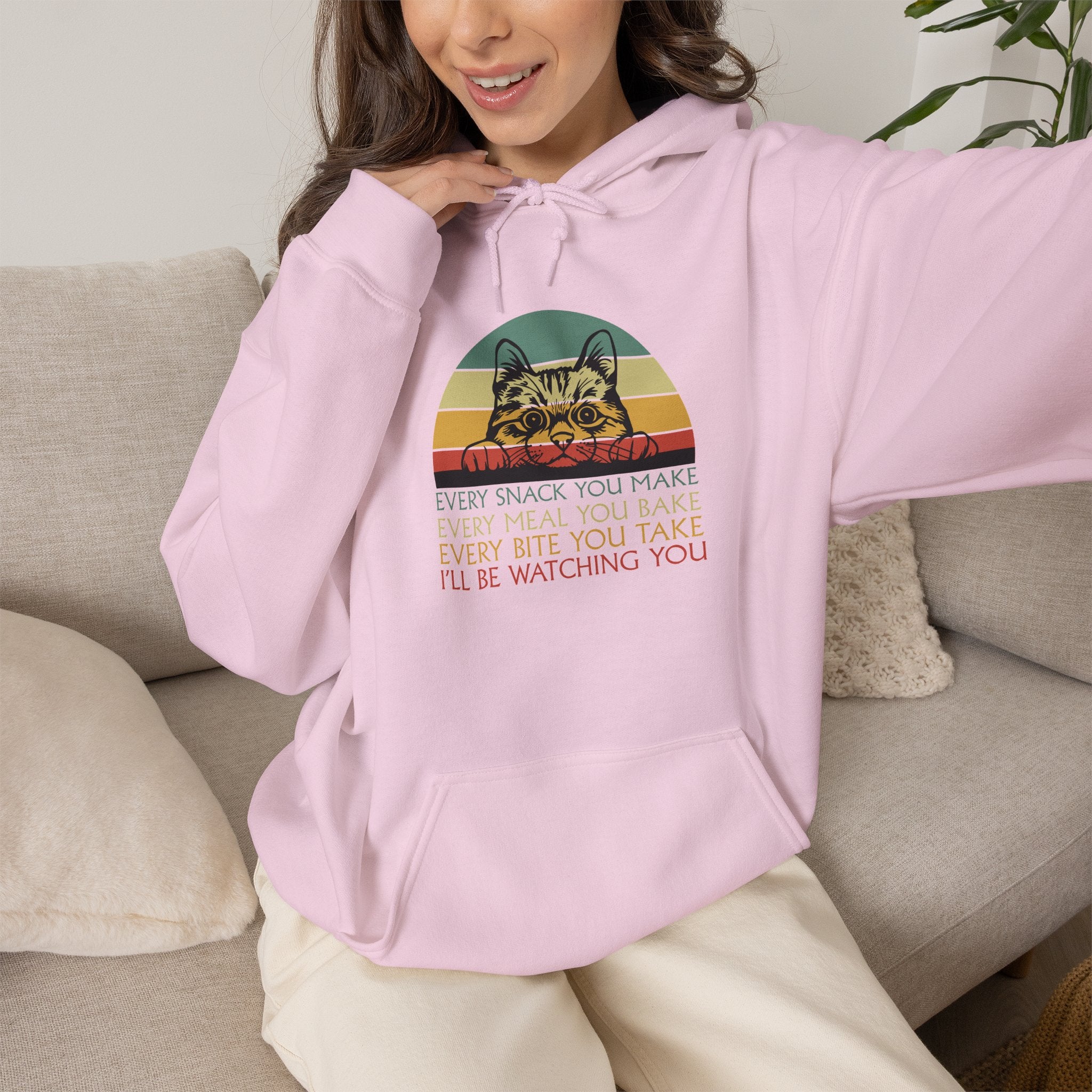 Cat Watch Retro Hoodie – “Every Snack You Make” Funny Cat Lover Sweatshirt