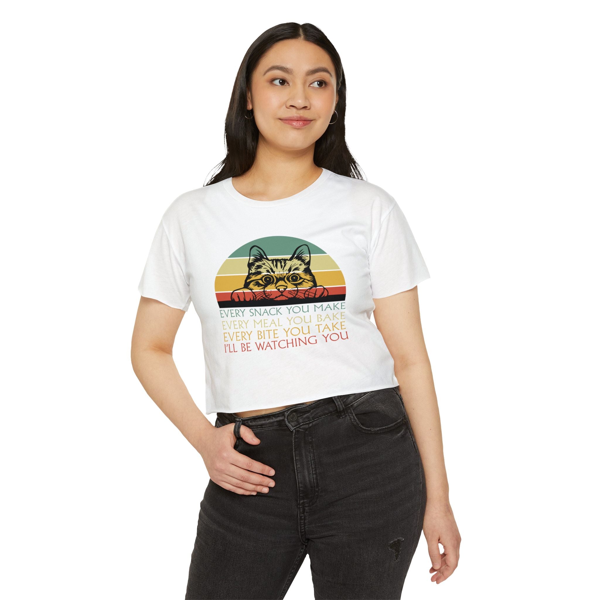 Cat Sneak Vintage Tee — “Every Snack You Make…” Retro Cat Graphic Crop Top