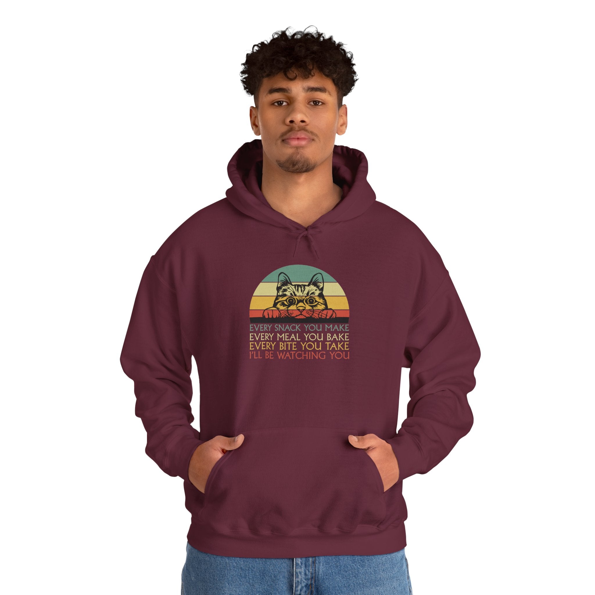 Cat Watch Retro Hoodie – “Every Snack You Make” Funny Cat Lover Sweatshirt