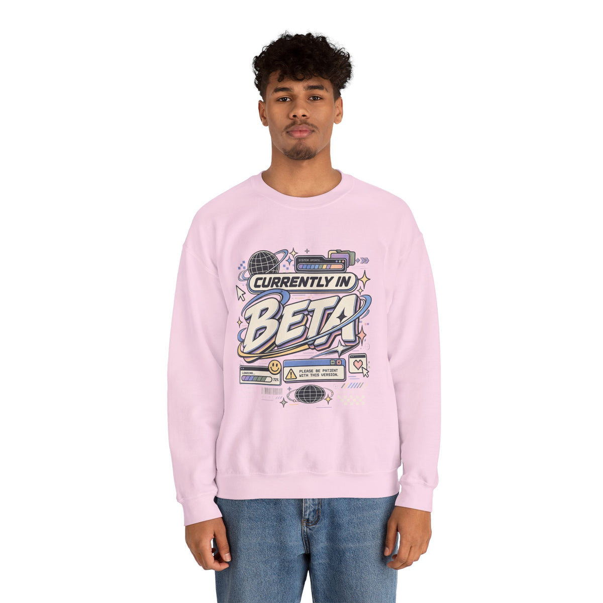 Crewneck Sweatshirt — "Currently in Beta" Retro Tech Graphic