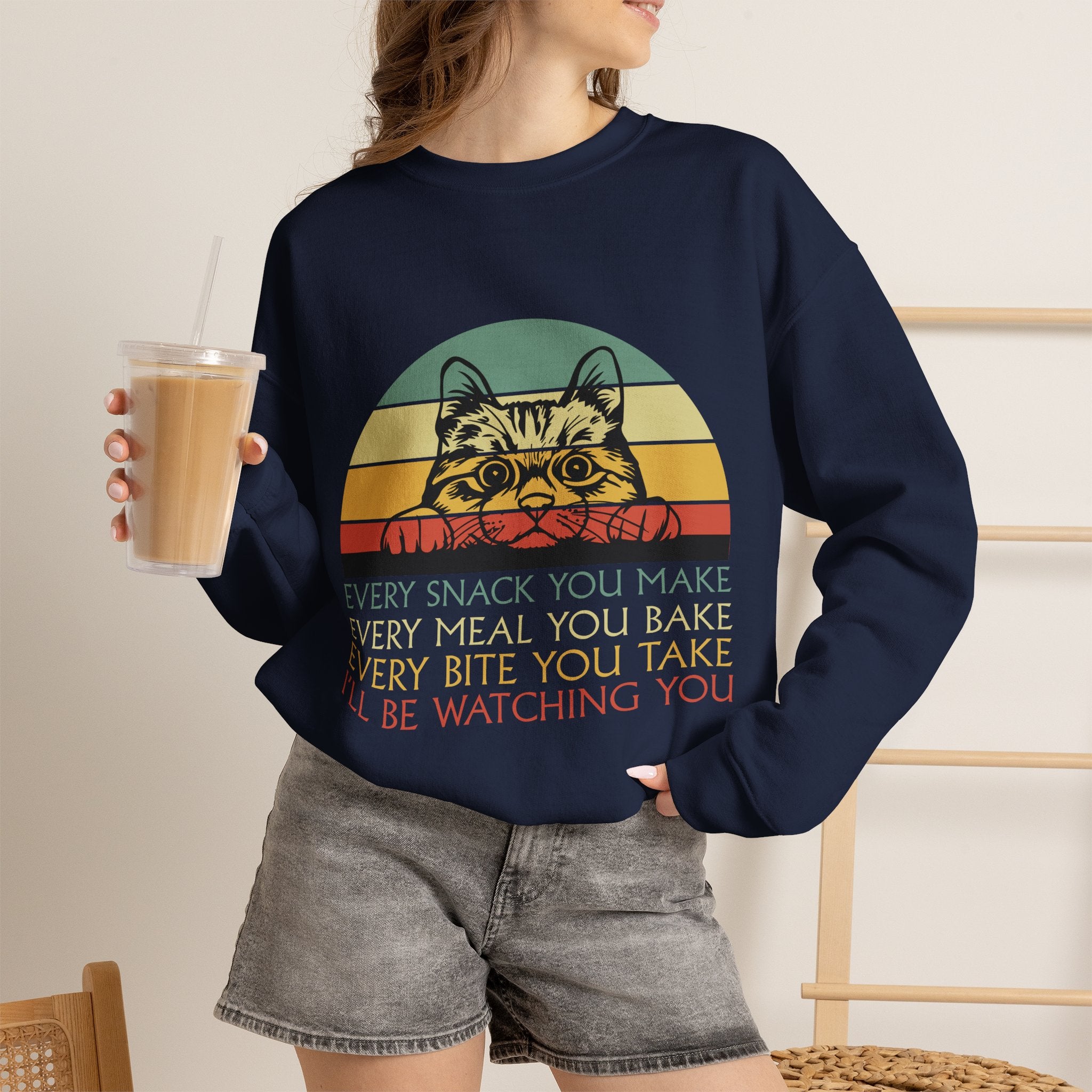 Cat Watching You Sweatshirt - Retro Stripes "Every Snack You Make... I'll Be Watching You" Crewneck