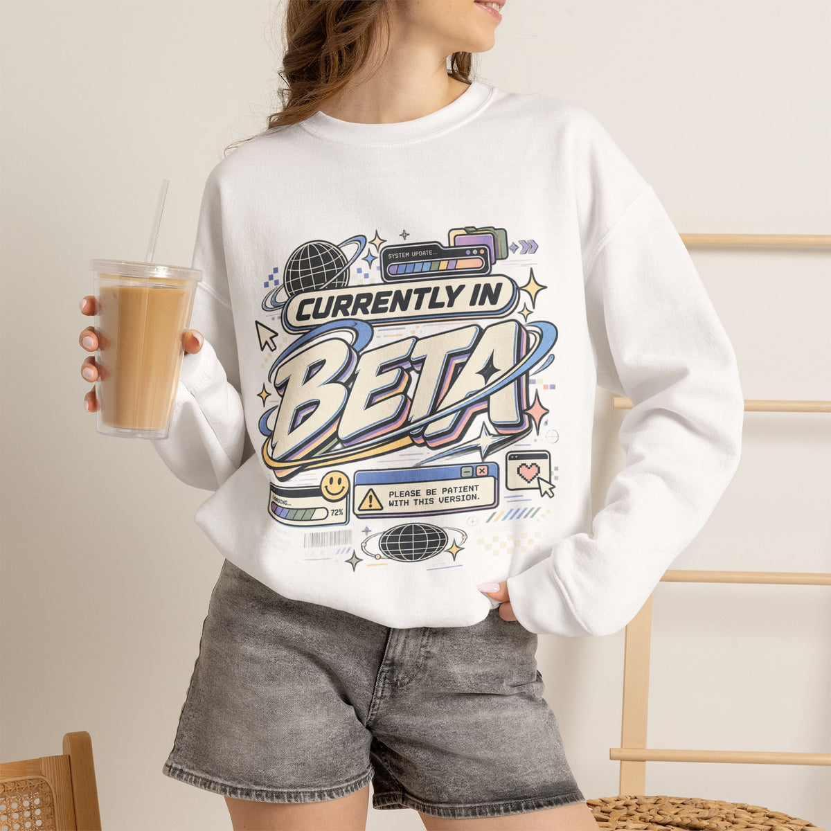 Crewneck Sweatshirt — "Currently in Beta" Retro Tech Graphic