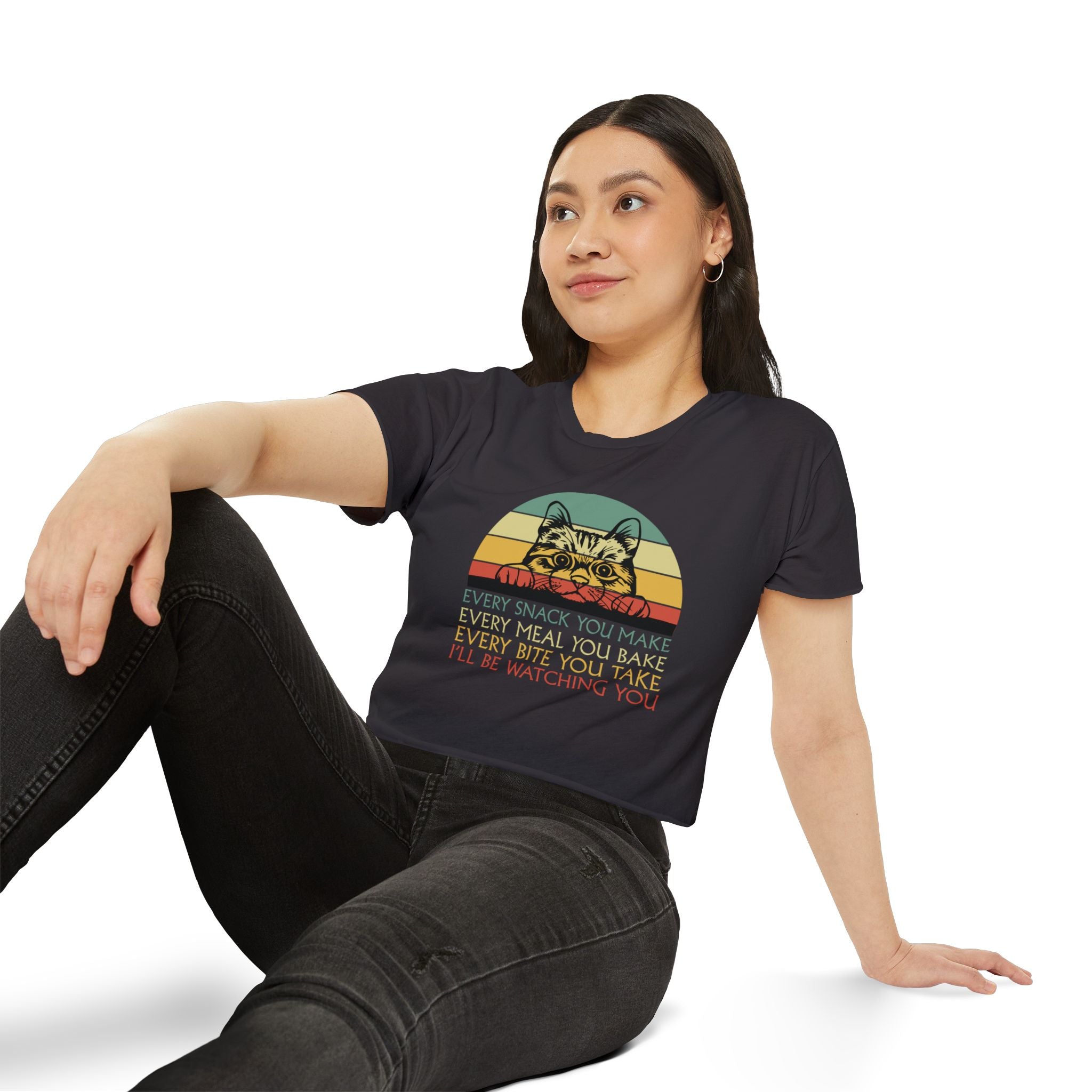 Cat Sneak Vintage Tee — “Every Snack You Make…” Retro Cat Graphic Crop Top