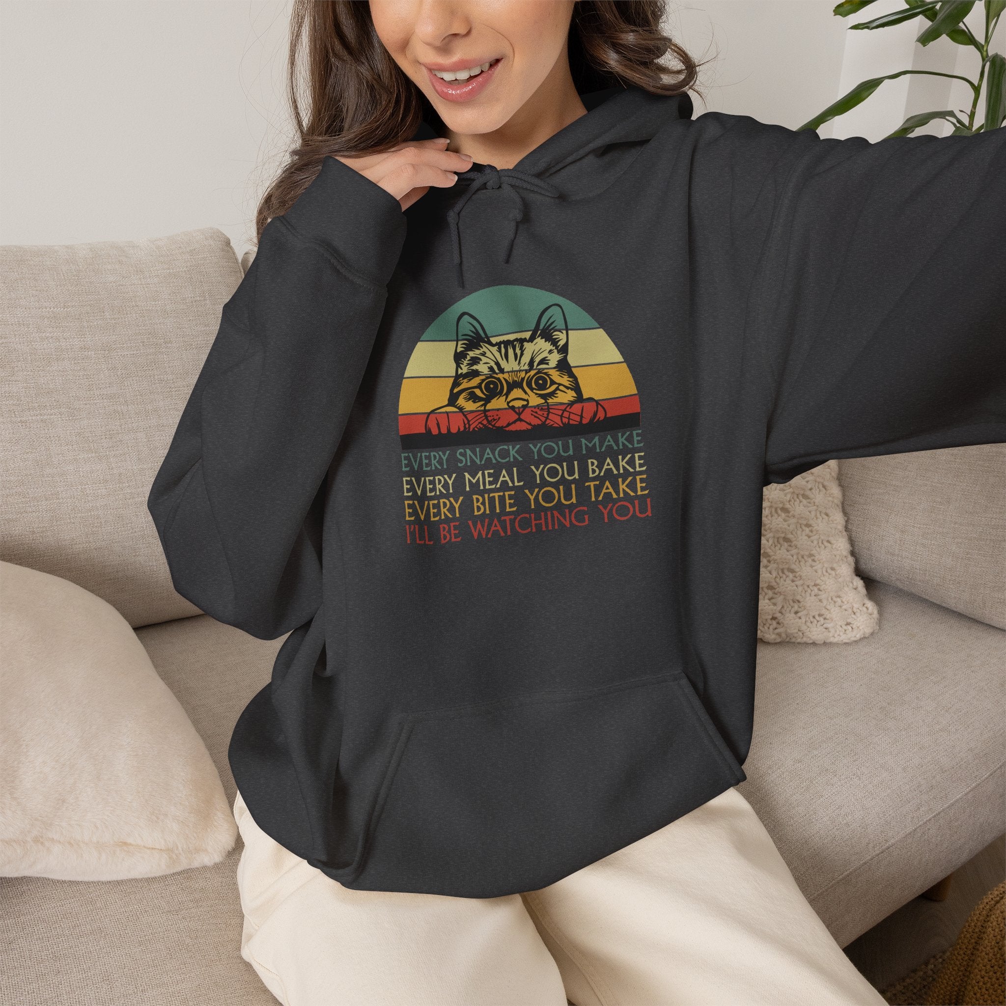 Cat Watch Retro Hoodie – “Every Snack You Make” Funny Cat Lover Sweatshirt