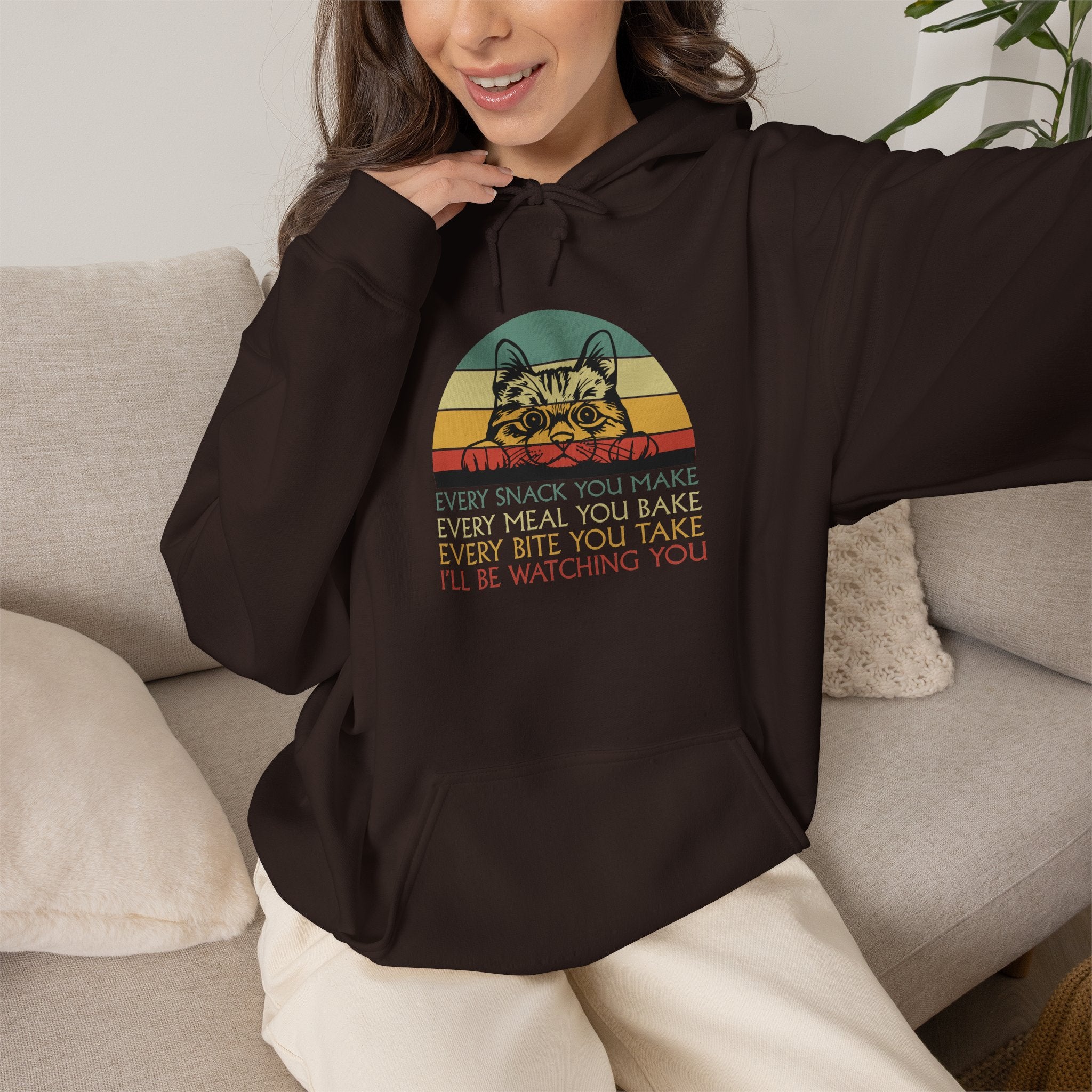 Cat Watch Retro Hoodie – “Every Snack You Make” Funny Cat Lover Sweatshirt