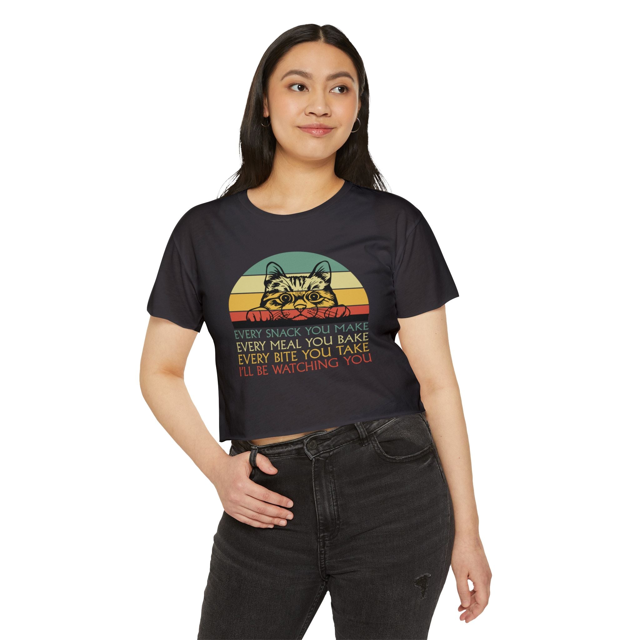 Cat Sneak Vintage Tee — “Every Snack You Make…” Retro Cat Graphic Crop Top