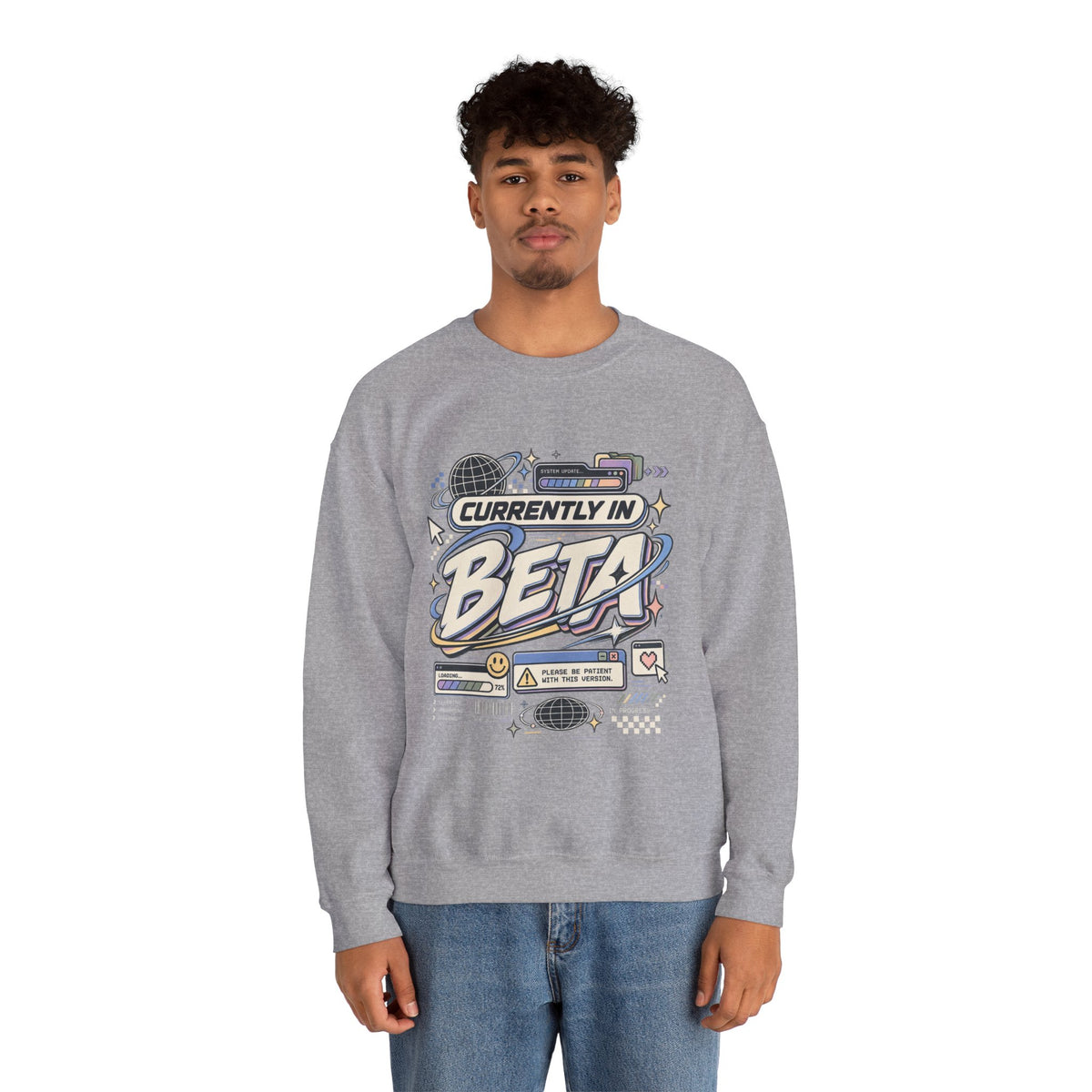 Crewneck Sweatshirt — "Currently in Beta" Retro Tech Graphic