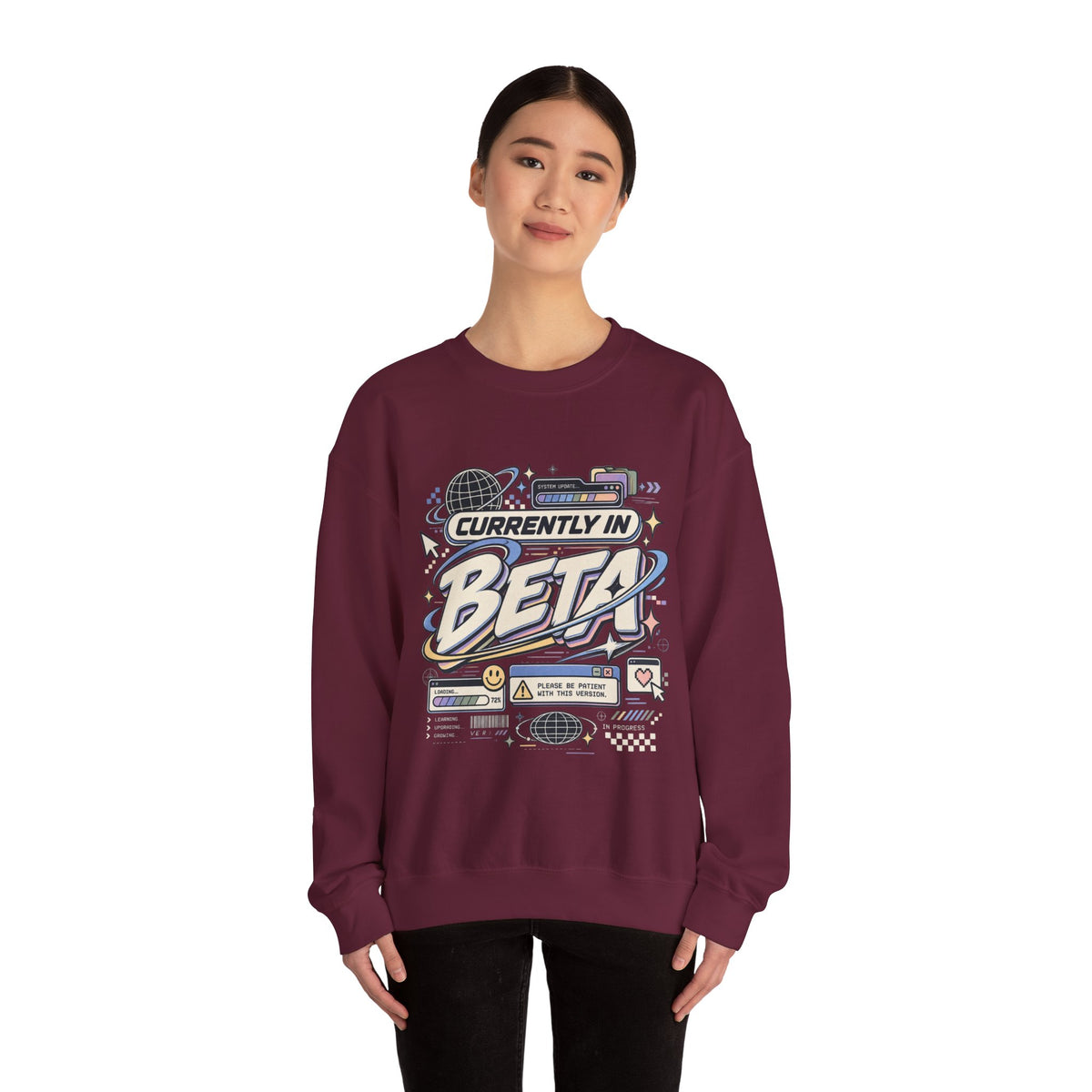 Crewneck Sweatshirt — "Currently in Beta" Retro Tech Graphic
