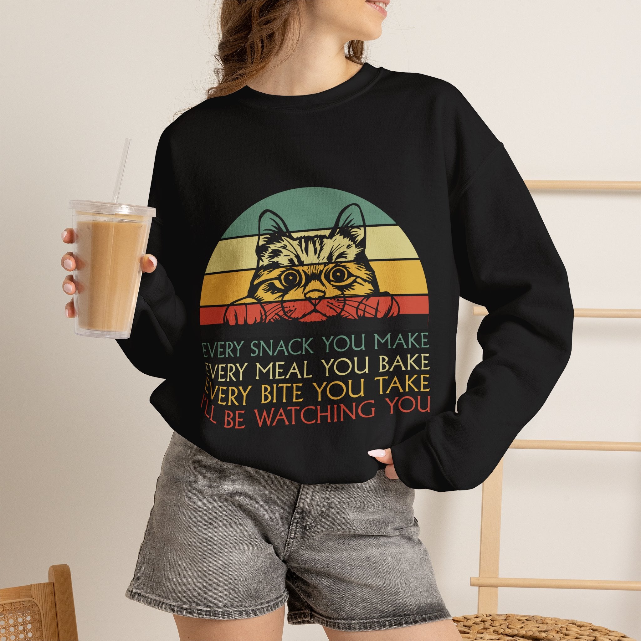 Cat Watching You Sweatshirt - Retro Stripes "Every Snack You Make... I'll Be Watching You" Crewneck