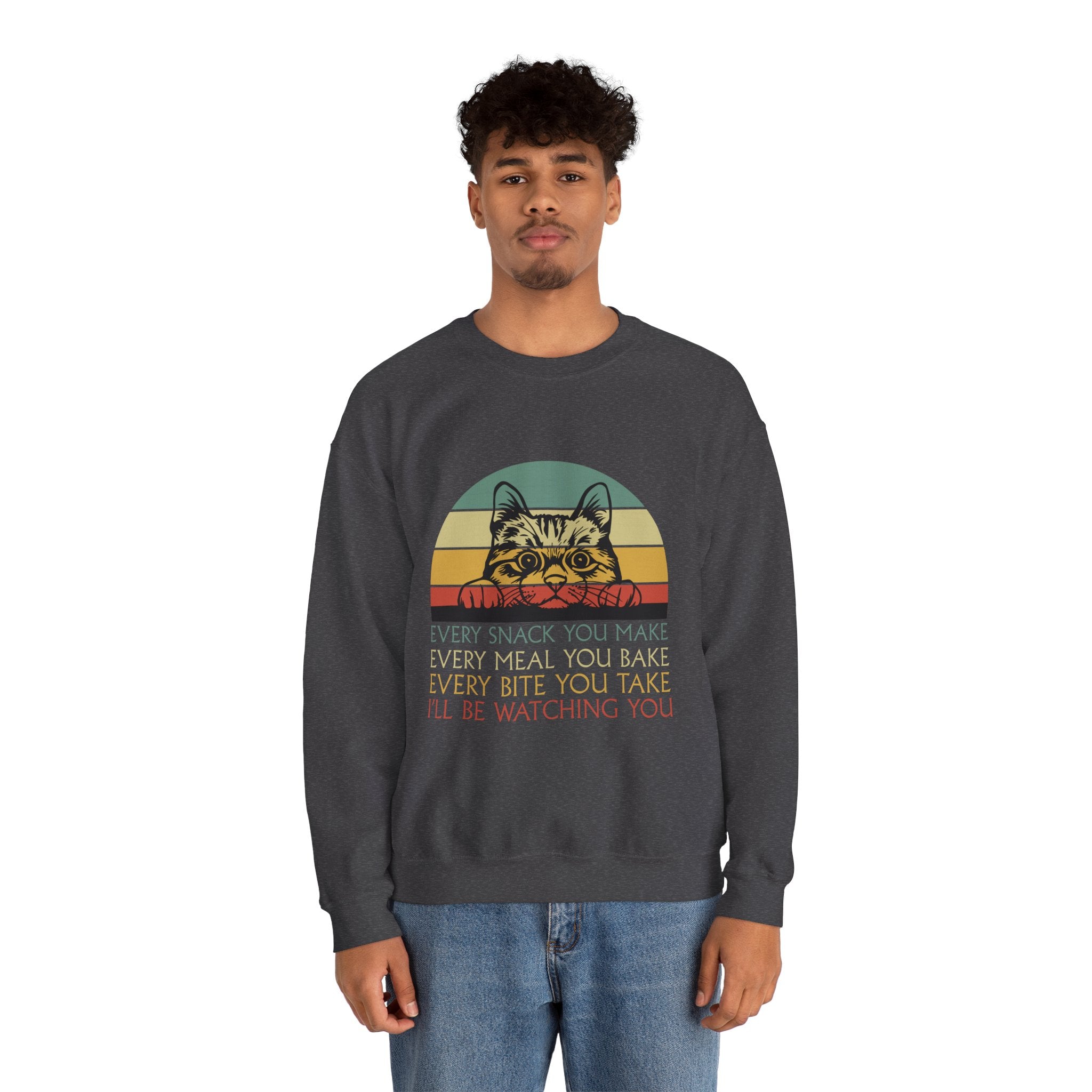 Cat Watching You Sweatshirt - Retro Stripes "Every Snack You Make... I'll Be Watching You" Crewneck
